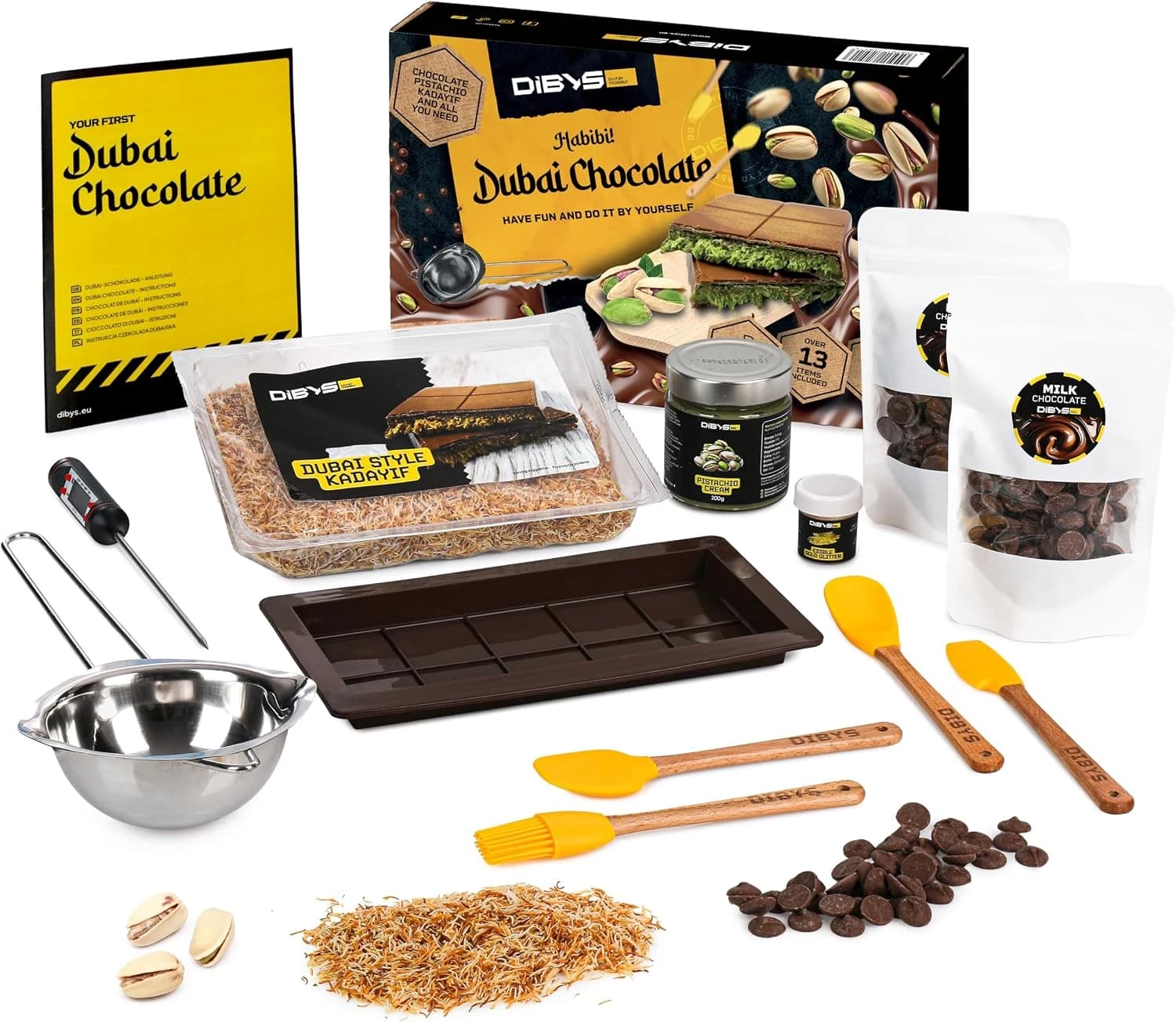 DiBYS Set de Chocolate de Dubái – Molde de Silicona y Ingredientes – 200g de Crema de Pistacho, 300g de Chocolate con Leche y 200g de Pasta de Cabello de Ángel Kadayif – Molde para Chocolate de Dubái