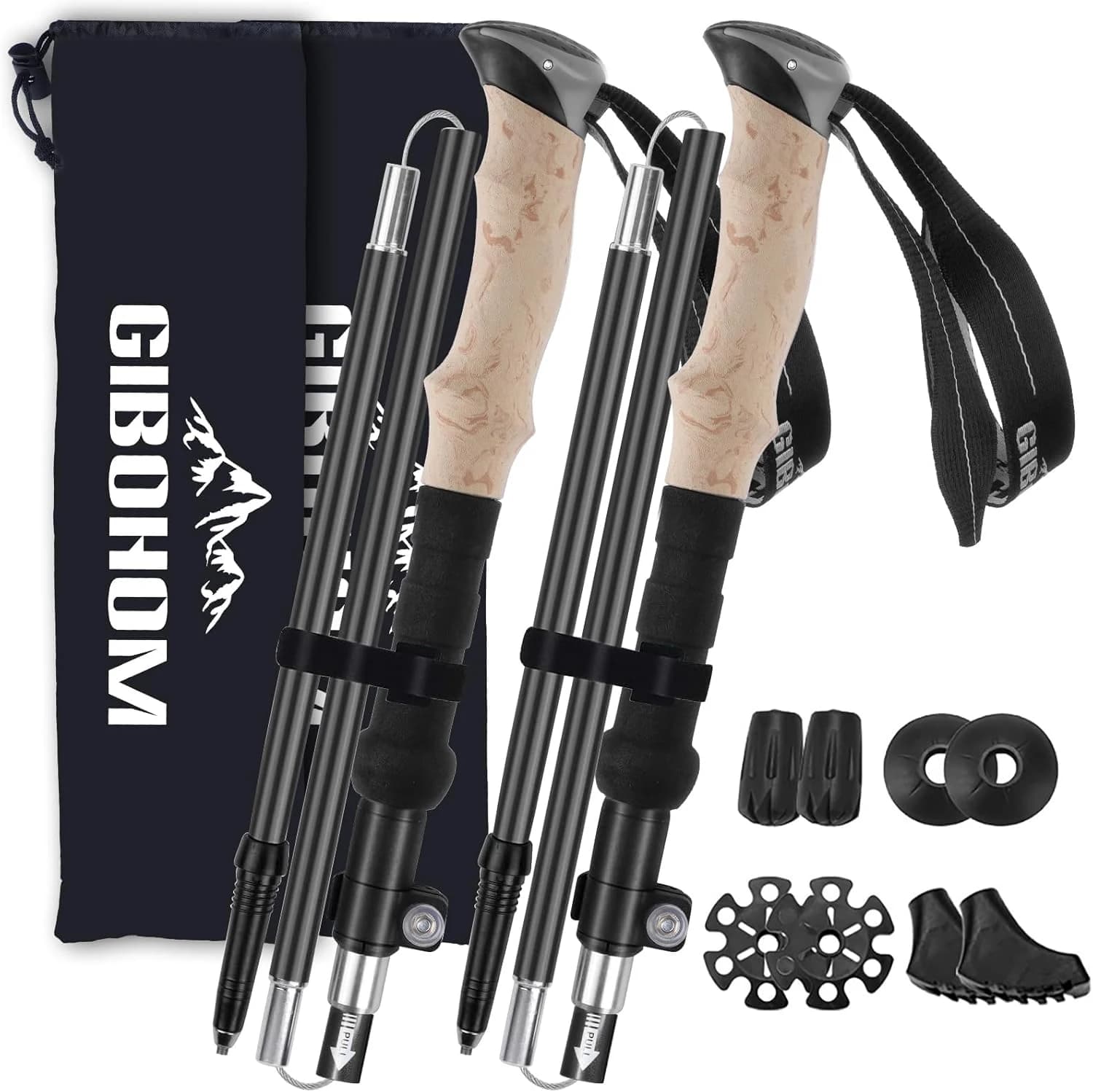 GIBOHOM 2 Pcs Bastones de Senderismo Plegables Nórdicos, Bastones Trekking de Aluminio 7075 Antichoque 105-125 CM con 4 Pares de Topes de Goma, Palos Senderismo para Senderismo Alpinismo Trail Viaje
