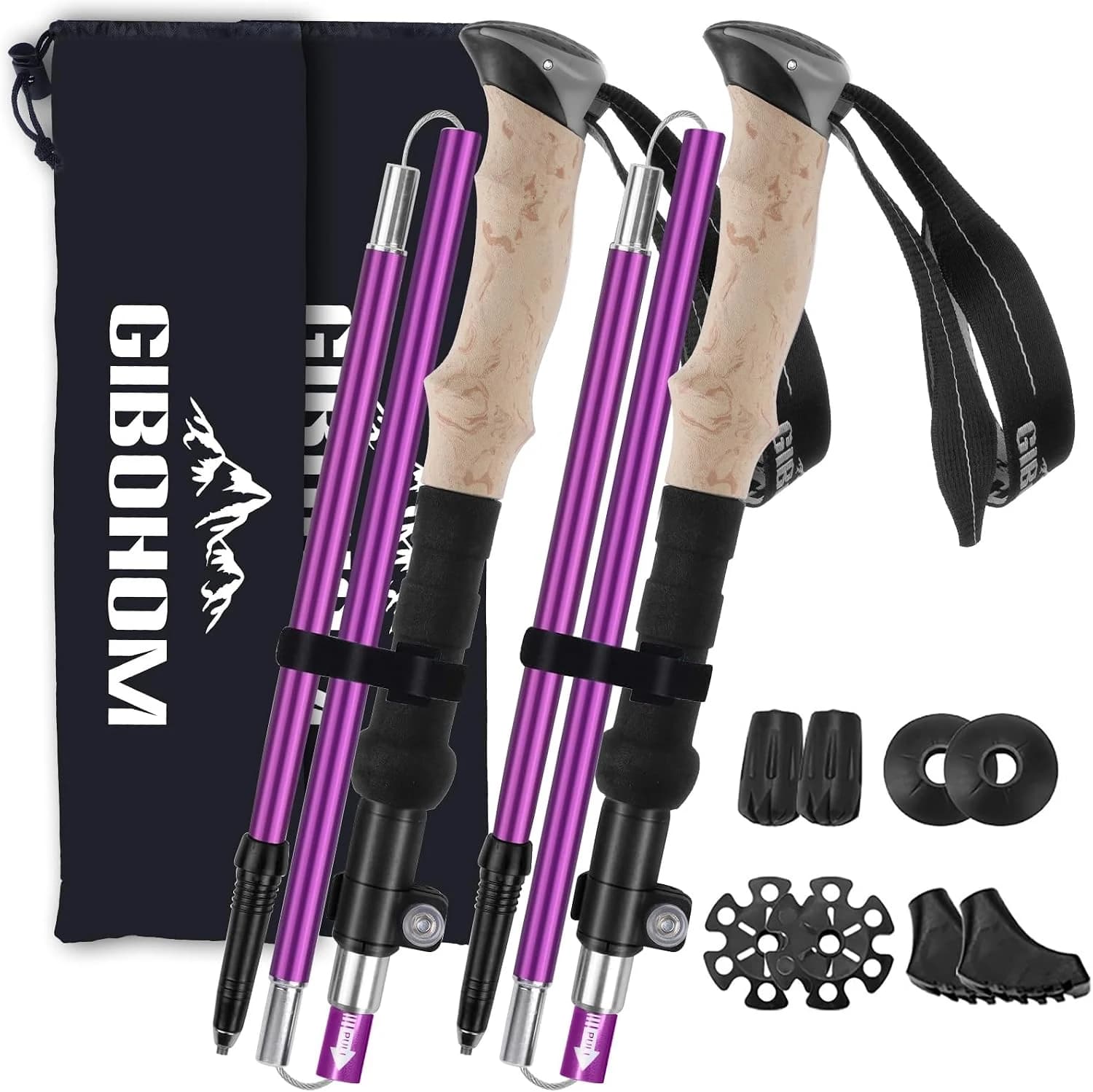 GIBOHOM 2 Pcs Bastones de Senderismo Plegables Nórdicos, Bastones Trekking de Aluminio 7075 Antichoque 105-125 CM con 4 Pares de Topes de Goma, Palos Senderismo para Senderismo Alpinismo Trail Viaje
