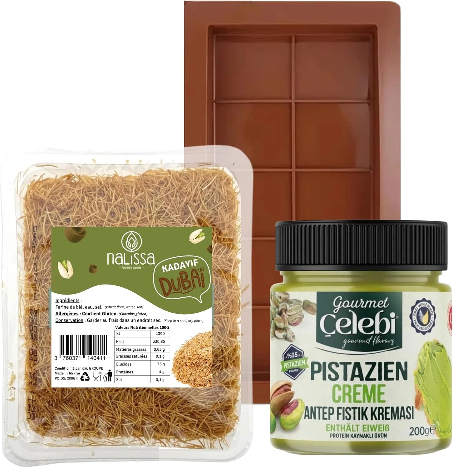 Kit Tableta de Chocolate Dubái – Molde de Silicona Libre de BPA + 200g Kadaif Crujiente Cabello de Ángel + 200g Crema de Pistacho Gourmand | Fácil de Hacer en Casa | Pastelería Oriental