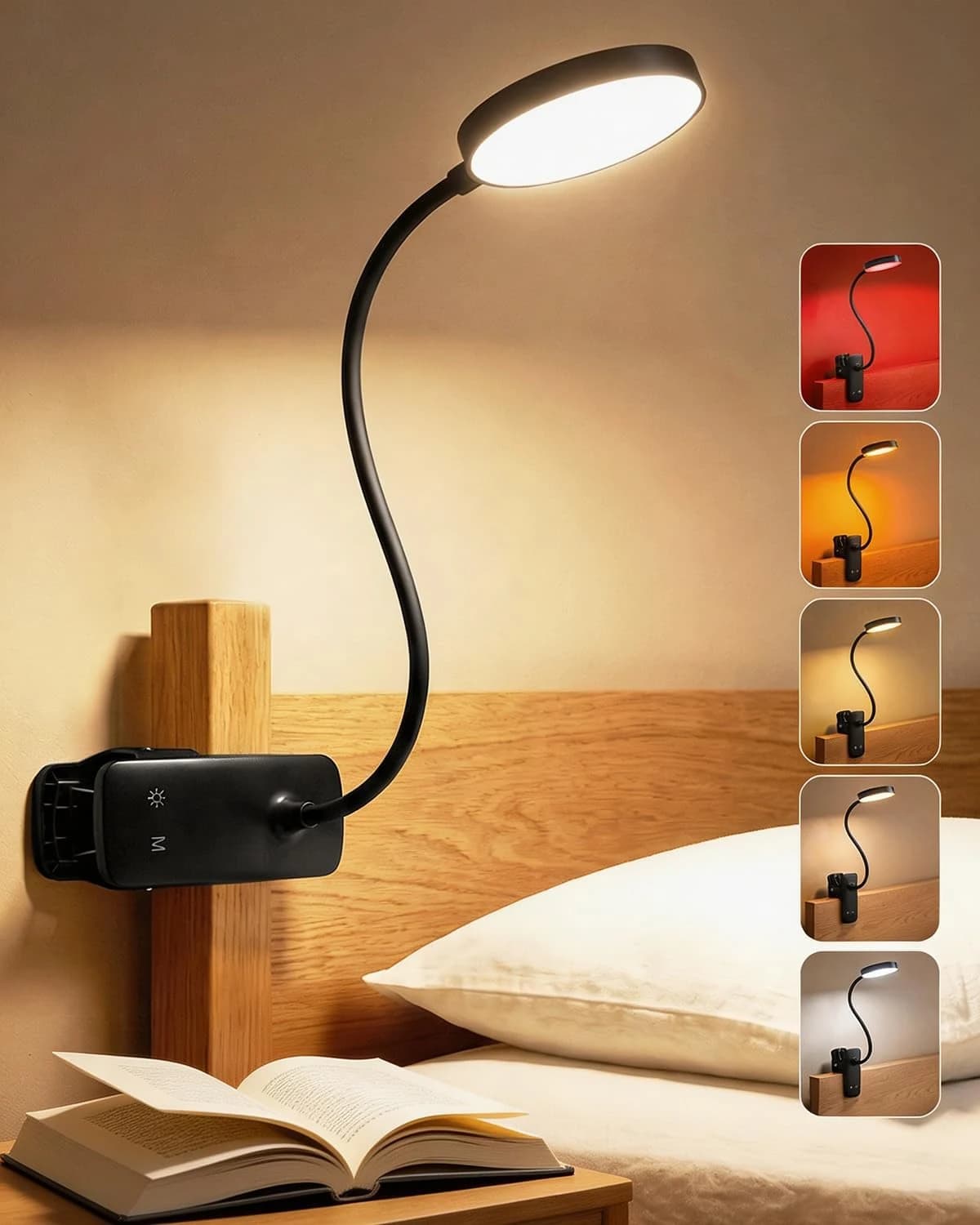Lámpara LED Pinza Recargable para Lectura y Cama, 5 Modos & Regulable