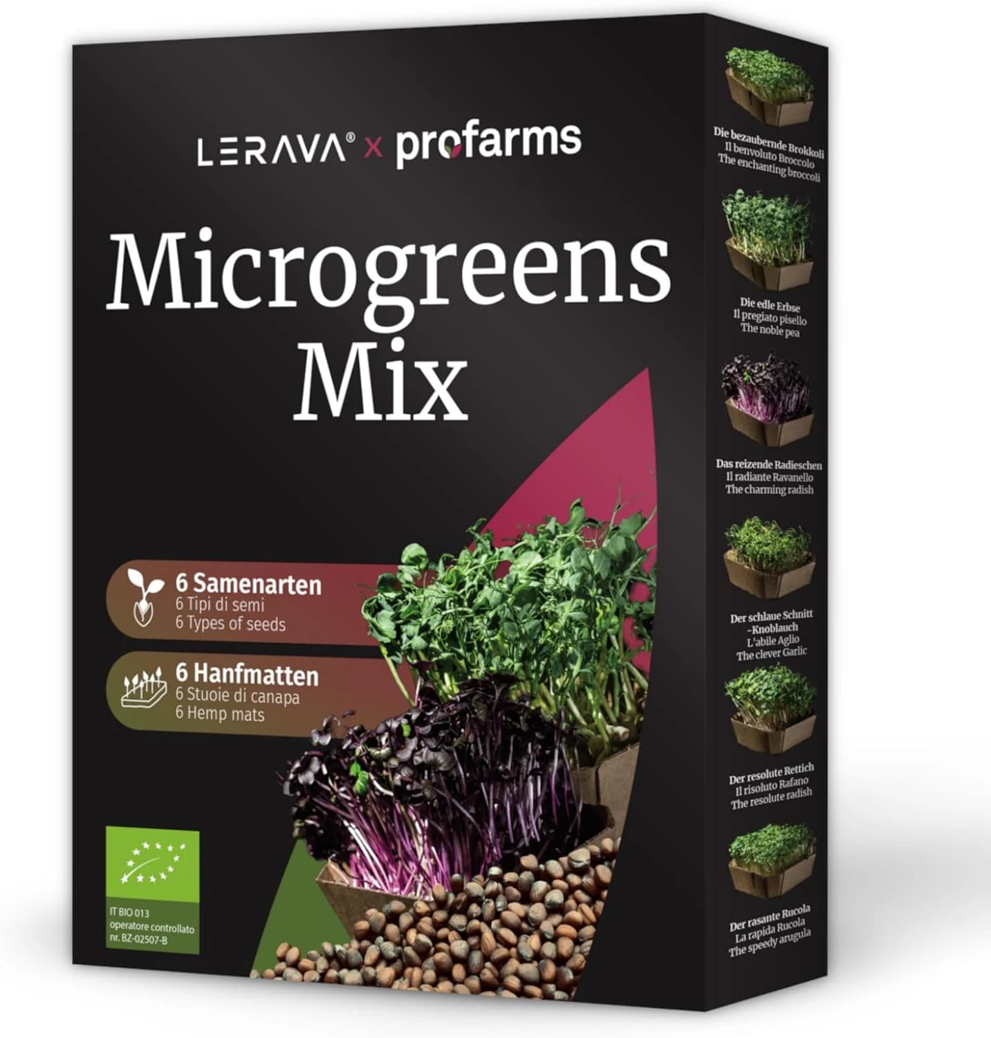 LERAVA® x Profarms - Kit Microgreens [BIO] - Cultiva en Casa Brotes Tiernos de Rábanos, Ajo, Brócoli, Rúcula, Rábano Picante, Guisantes - Incluye Semillas para Germinar y 6 Pads de Cáñamo