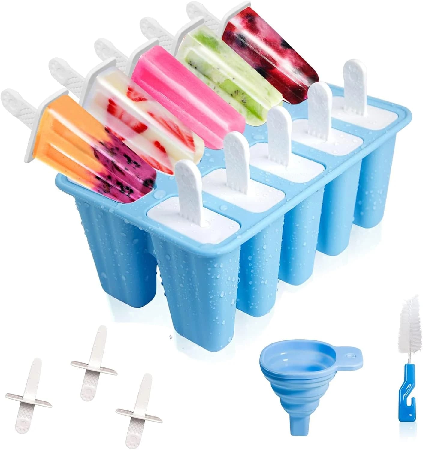 Moldes Helados Silicona 10 Cavidades, Molde Para Helados Con Palo, Azul