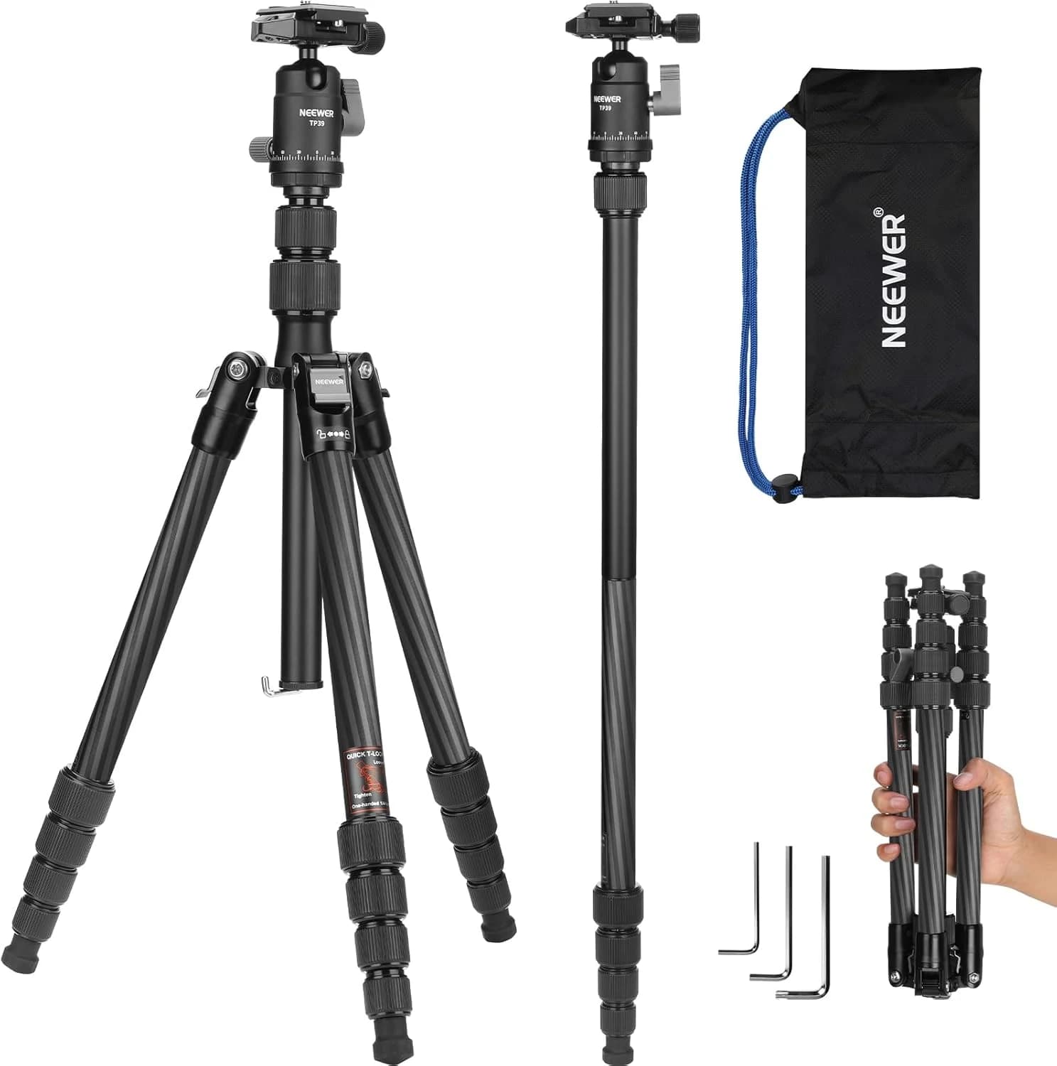 NEEWER Trípode Monopié Fibra Carbono Cámara,65" Ligero Compacto Portátil Viaje DSLR Video Tripode, 360° Rótula Placa QR Antideslizante Eje Central Invertido Patas Reversibles, Carga Máx 13,2lbs, TP39