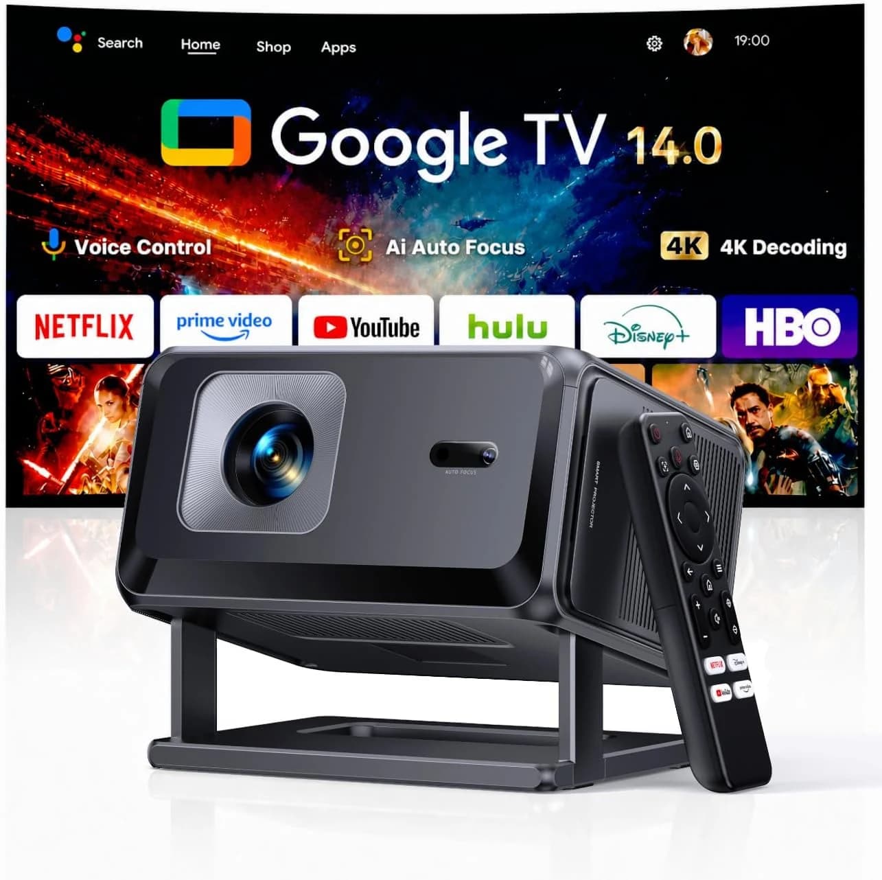 Proyector 4K [Google TV 14.0 y Dolby Audio] Proyector portátil 1080P FHD, Enfoque automático y corrección Trapezoidal, WiFi 6 BT 5.4, Projector con Soporte Giratorio para Cine en casa/Exteriores