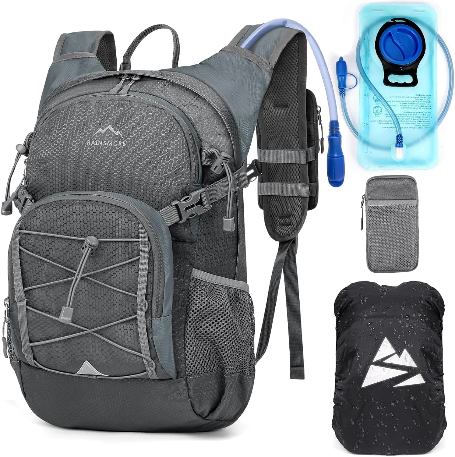 RAINSMORE Mochila de Hidratación con Bolsa de Agua 2L Mochila Bicicleta Montaña Mujer Hombre con Funda Impermeable para Senderismo Correr Ciclismo Trail Running Escalada Deportes al Aire Libre