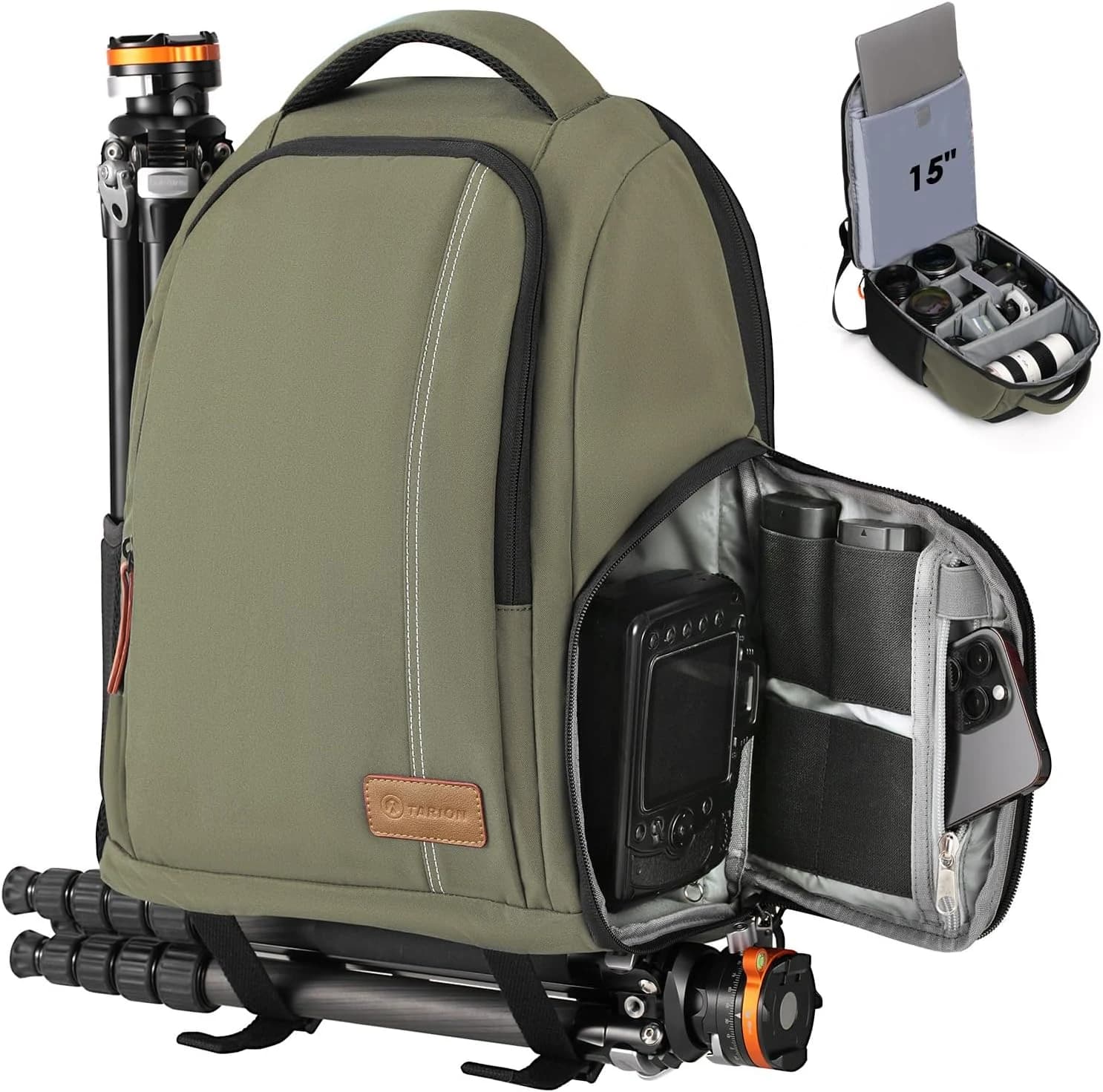 TARION TB-04 Mochila Camara y Portatil Mochila Fotografia para Ordenador Laptop 15” Camara Reflex Mochila Camara Pequeña (verde)