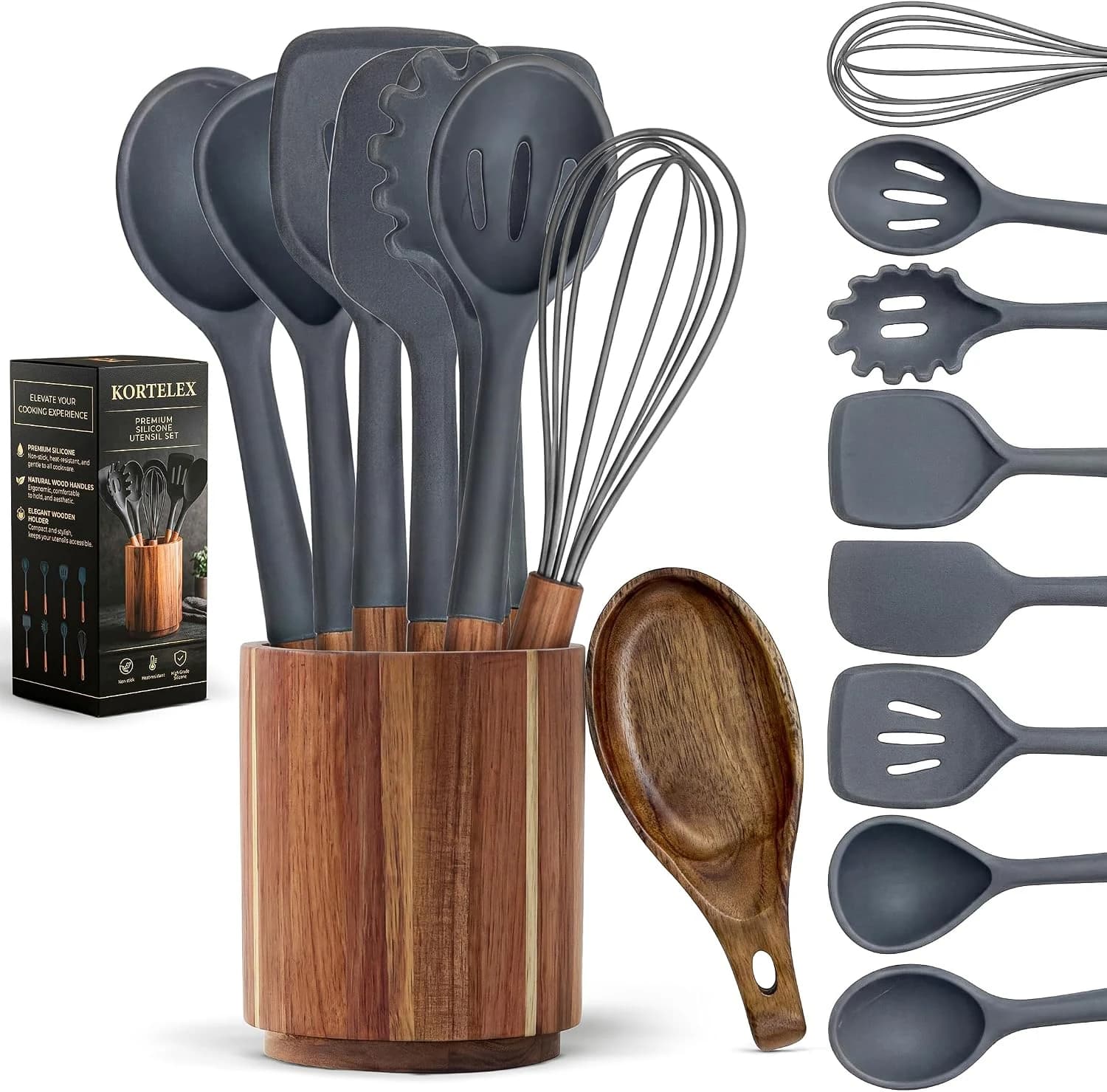 Utensilios de Cocina de Silicona, juego Utensilios Cocina, Con Mango Madera de Acacia, Resistente al Calor hasta 230°C, sin BPA, Incluye Cubo de Almacenamiento y Reposacucharas