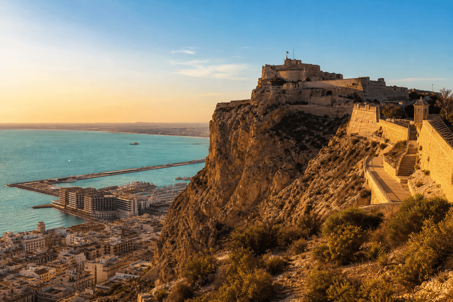 Castillo de Santa Bárbara sobre la bahía de Alicante al atardecer