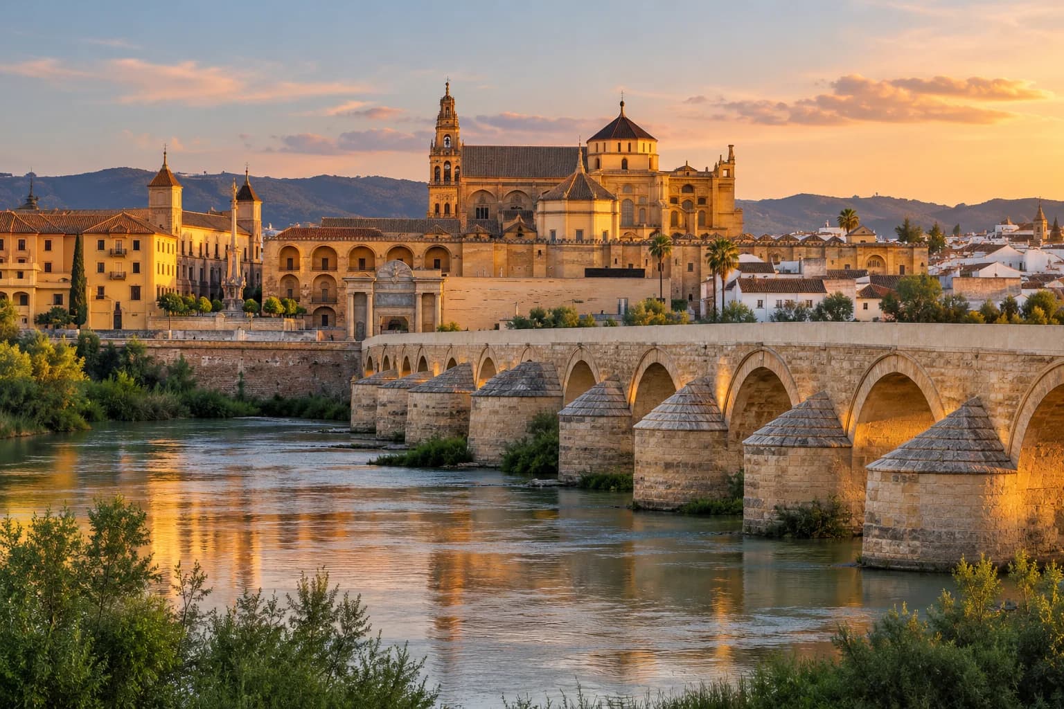 Puente Romano de Córdoba y la Mezquita-Catedral al atardecer