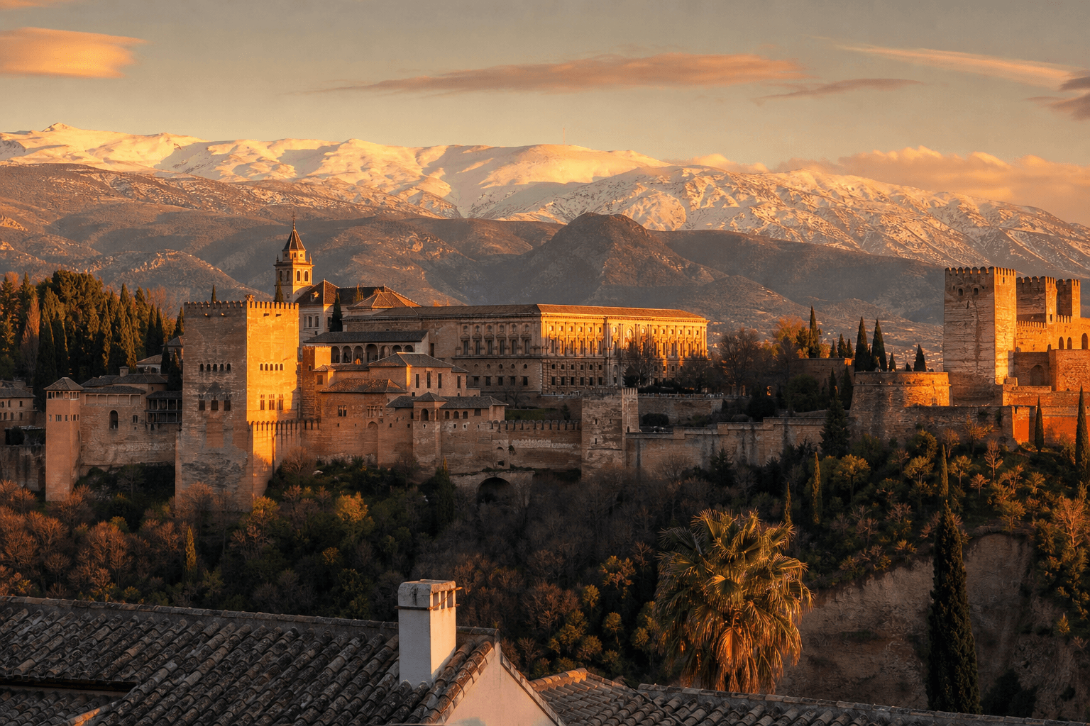 Vista de la Alhambra desde el mirador del Albaicín al atardecer