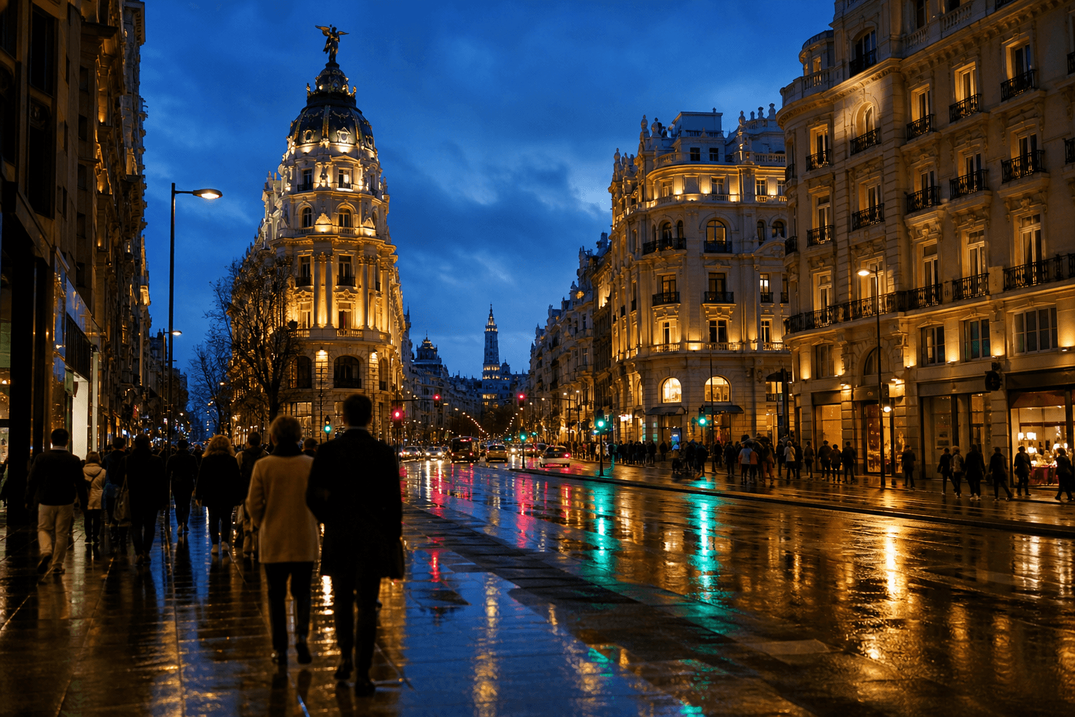 Gran Vía de Madrid de noche con luces de la ciudad