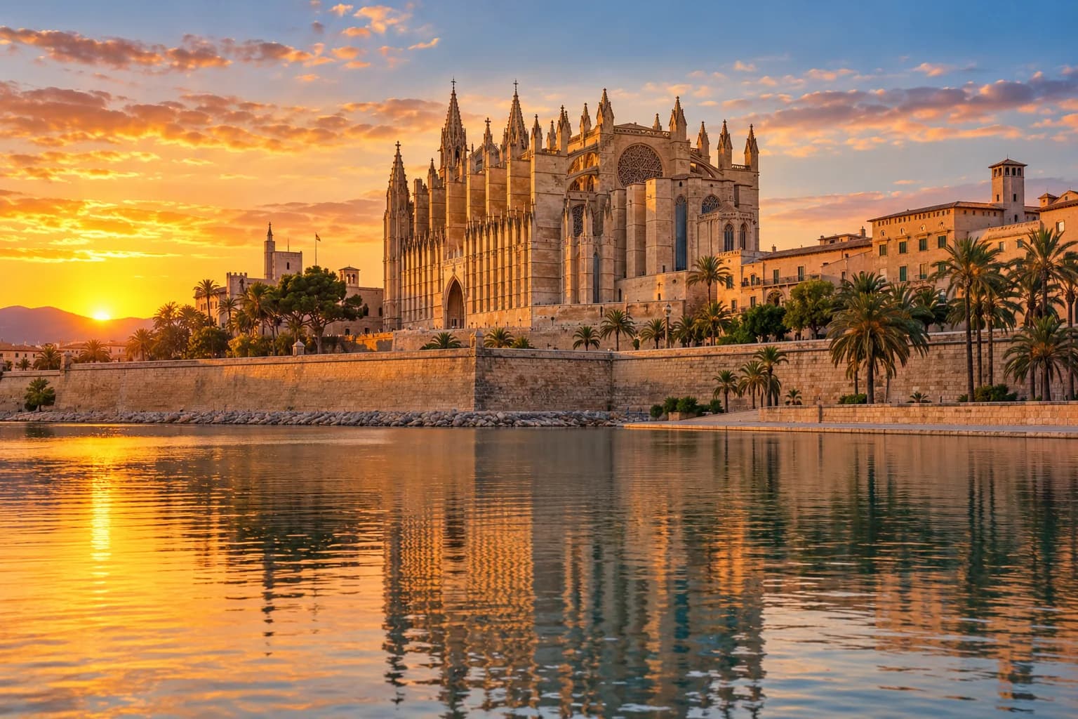 Catedral de Mallorca junto al Parc de la Mar al atardecer