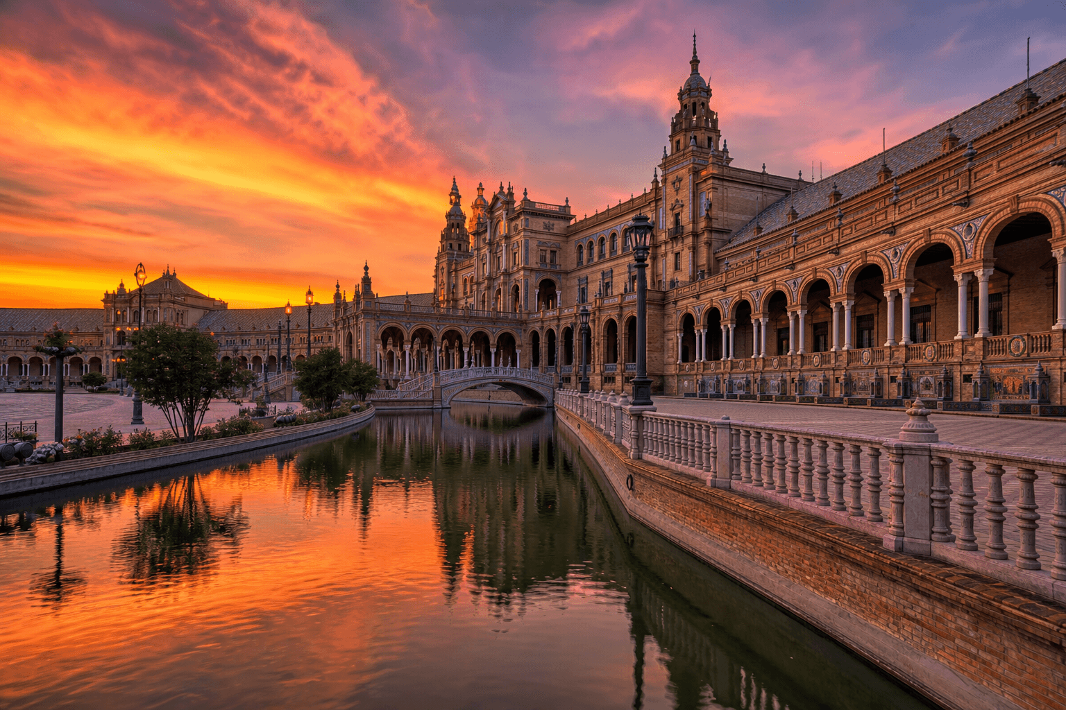 Plaza de España en Sevilla al atardecer con cielo dramático