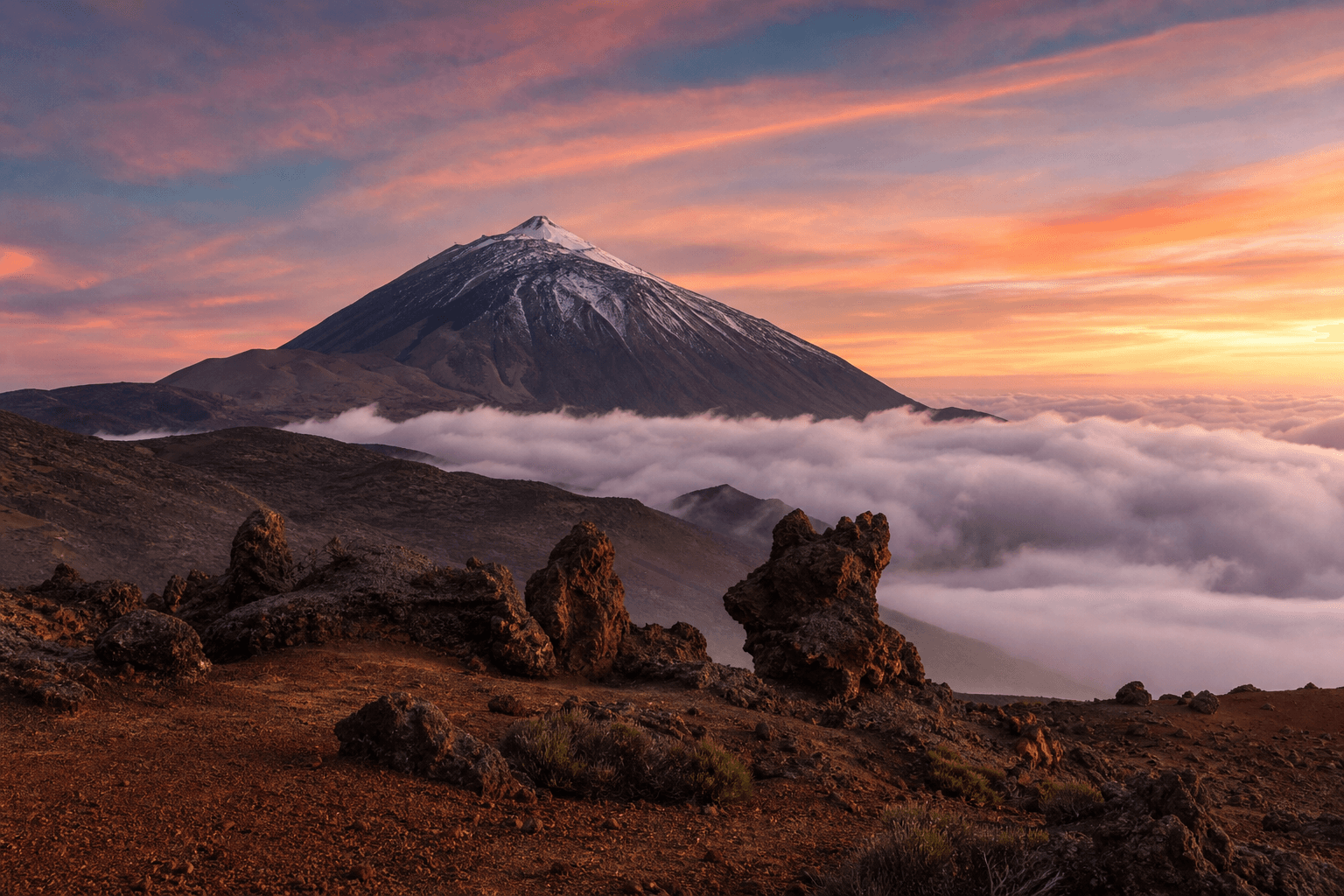 Teide nevado con cielo azul y vegetación canaria en primer plano