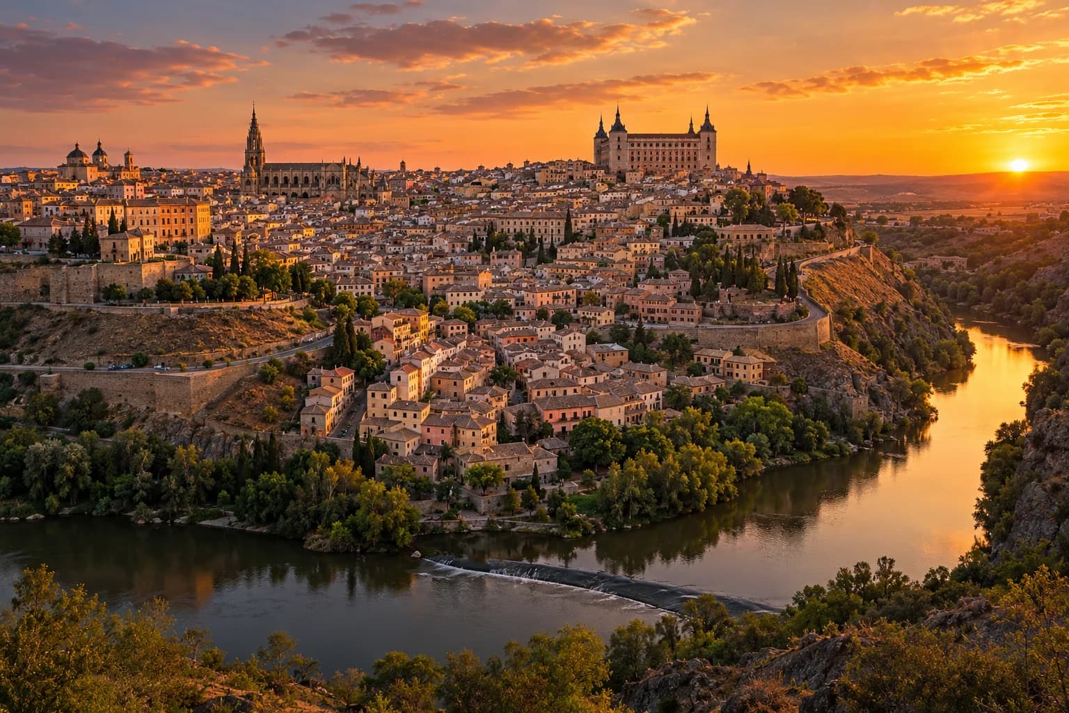 Panorámica de Toledo desde el Mirador del Valle al atardecer