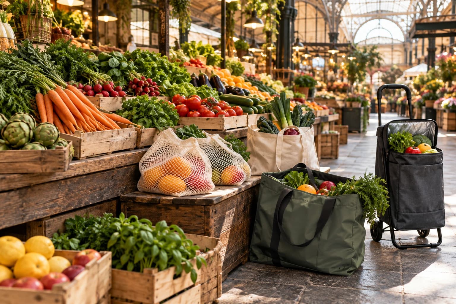 5 accesorios para comprar productos frescos en mercados gastronómicos