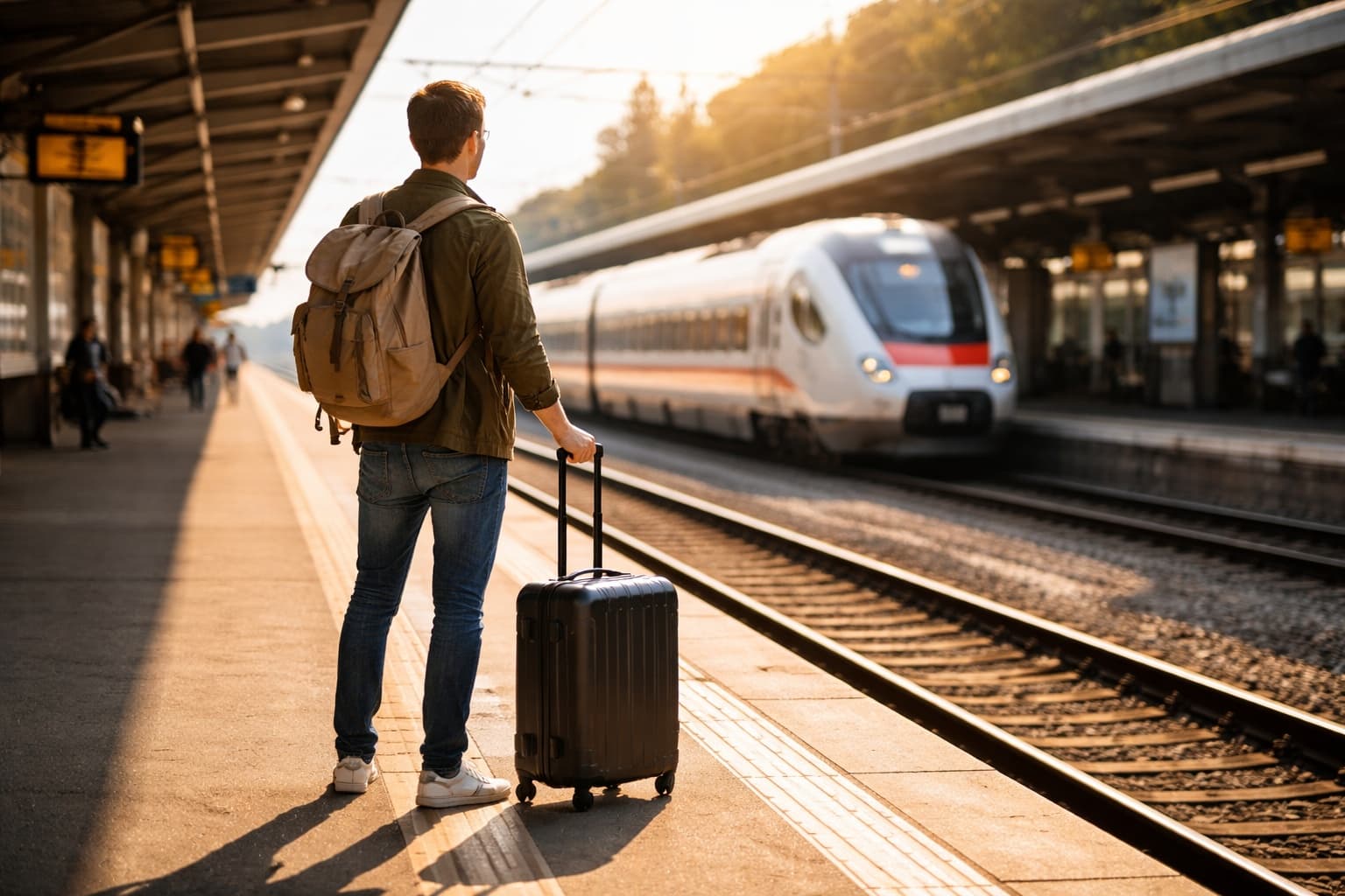 Viajero con maleta en andén de tren