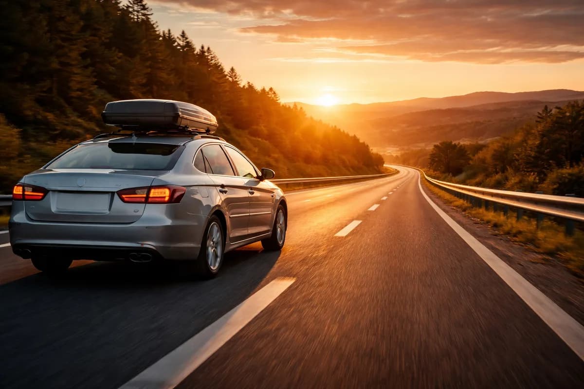 Tren o coche al atardecer volviendo de viaje