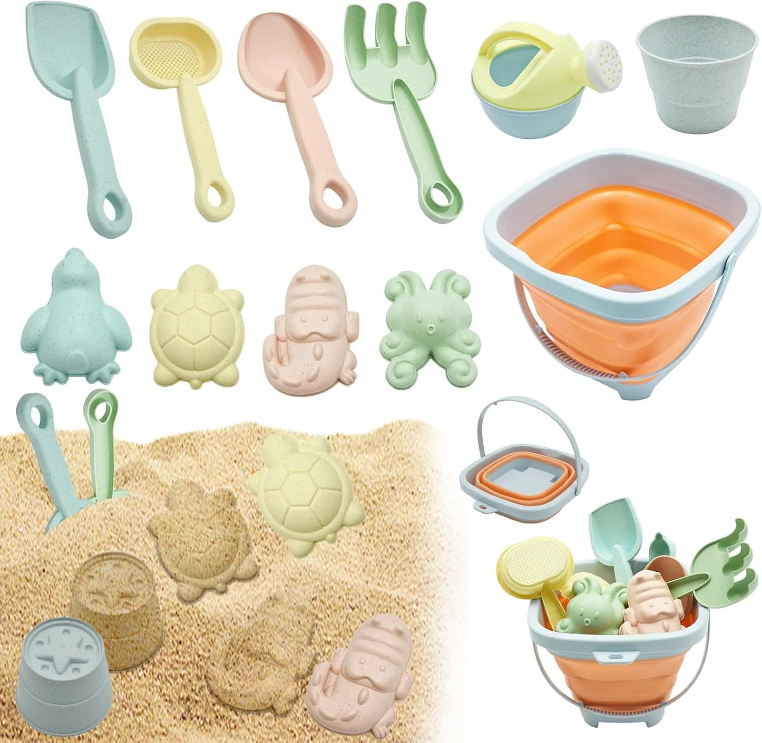 11 Piezas Juguetes de Playa para Niños, Reutilizable Juguetes Playa Bebe con Cubo Playa, Palas, Rastrillo, Moldes de Arena, Juguetes Playa Niños 3+ Años