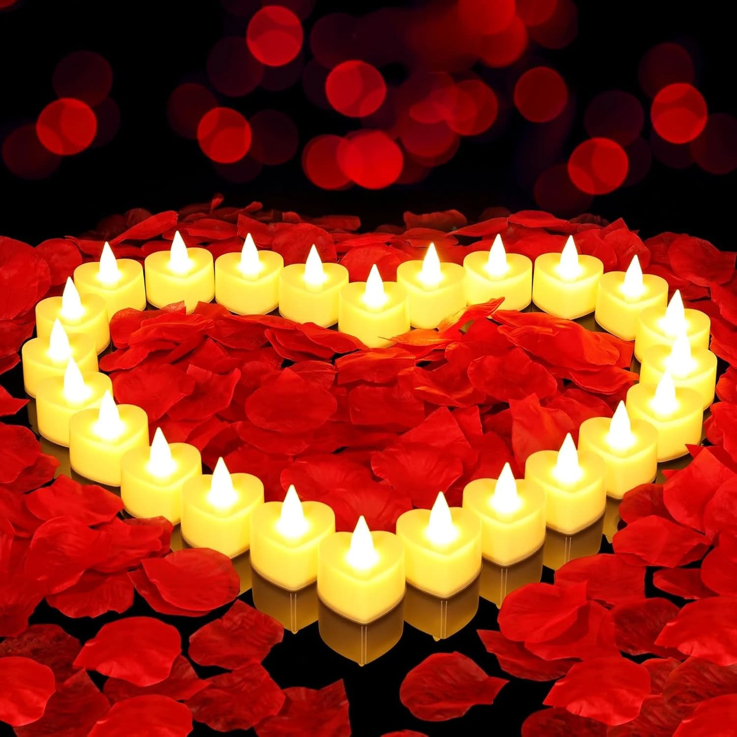 2000 pétalos de rosa artificiales con 24 velas románticas sin llama, luces LED de té con forma de corazón, funcionan con pilas, para decoración de noche romántica, boda, aniversario, mesa