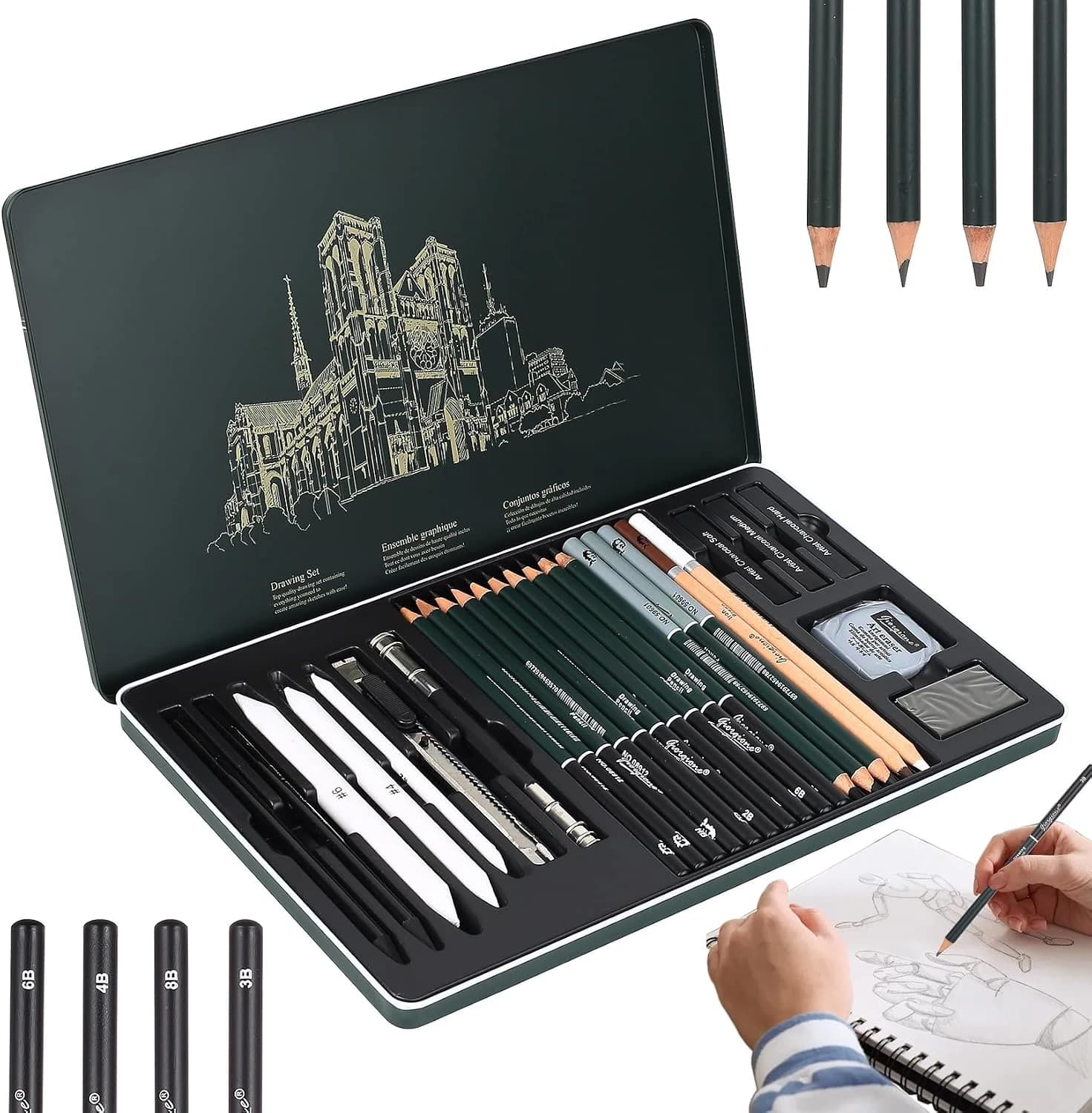 27 Piezas Kit de Dibujo Profesional, Lapices Dibujos, Lápices Dibujos, Lapiz Carboncillos para Dibujar, Set Lapices de Grafito (2H - 8B) para Sombrear y Dibujar Profesionalmente