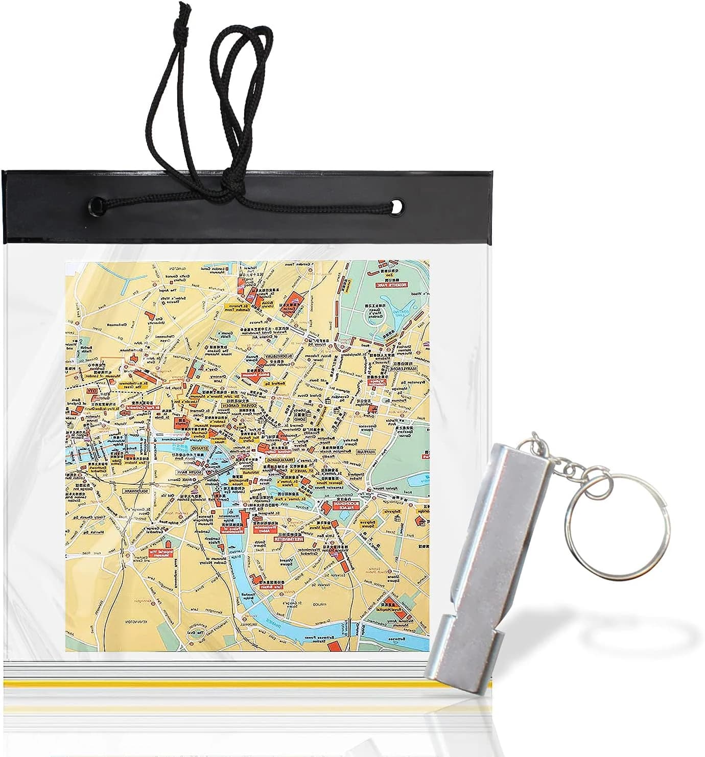 31,5x28cm Bolsas Impermeables de Mapas de PVC y Silbato Emergencia, Estuche Impermeable de Mapas con Ventana Transparente y Correa de Cuello para Senderismo, Montañismo