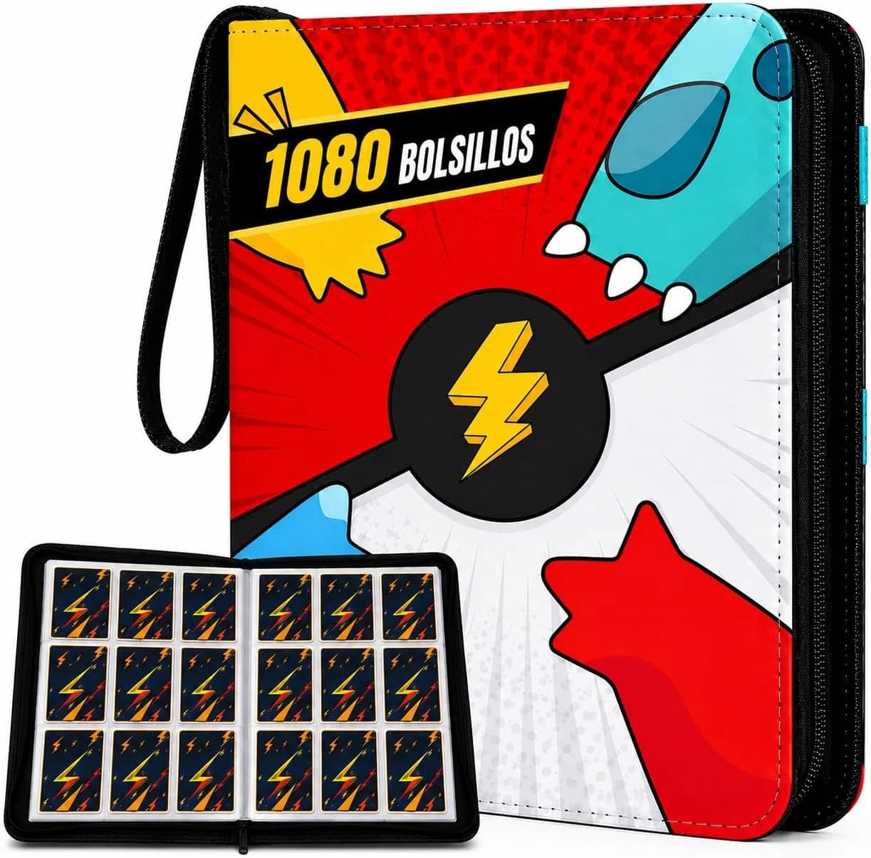 Álbum Cartas para Pokémon – 1080 Cartas, 60 Páginas y 9 Bolsillos – Card Binder Grande con Cremallera – Carpeta para Cartas TCG con Archivador Impermeable y Doble Cara