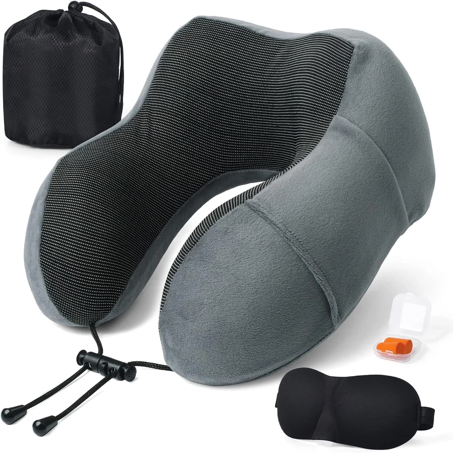 Almohada de Viaje para Cuello, Almohada Cervical para Oficina Avión Tren Coche Viajando, Almohada Cuello Viscoelastica de Espuma Memoria, Cojin de Viaje Cuello con Máscara de Ojos, Tapones y Bolsa