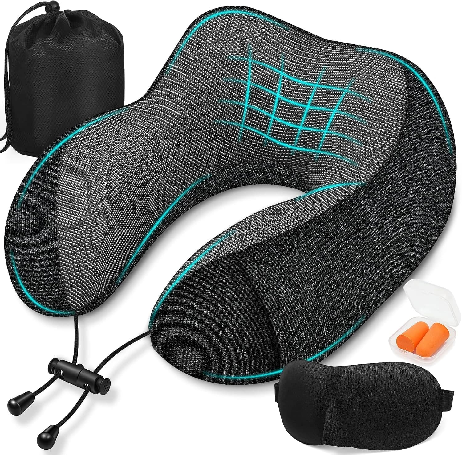 Almohada de Viaje para Cuello, Comfy Almohada Avion Viscoelastica de Espuma Memoria, Cojin Cuello Viaje con Máscara de Ojos, Tapones y Bolsa, Ideal para Avión, Tren y Coche