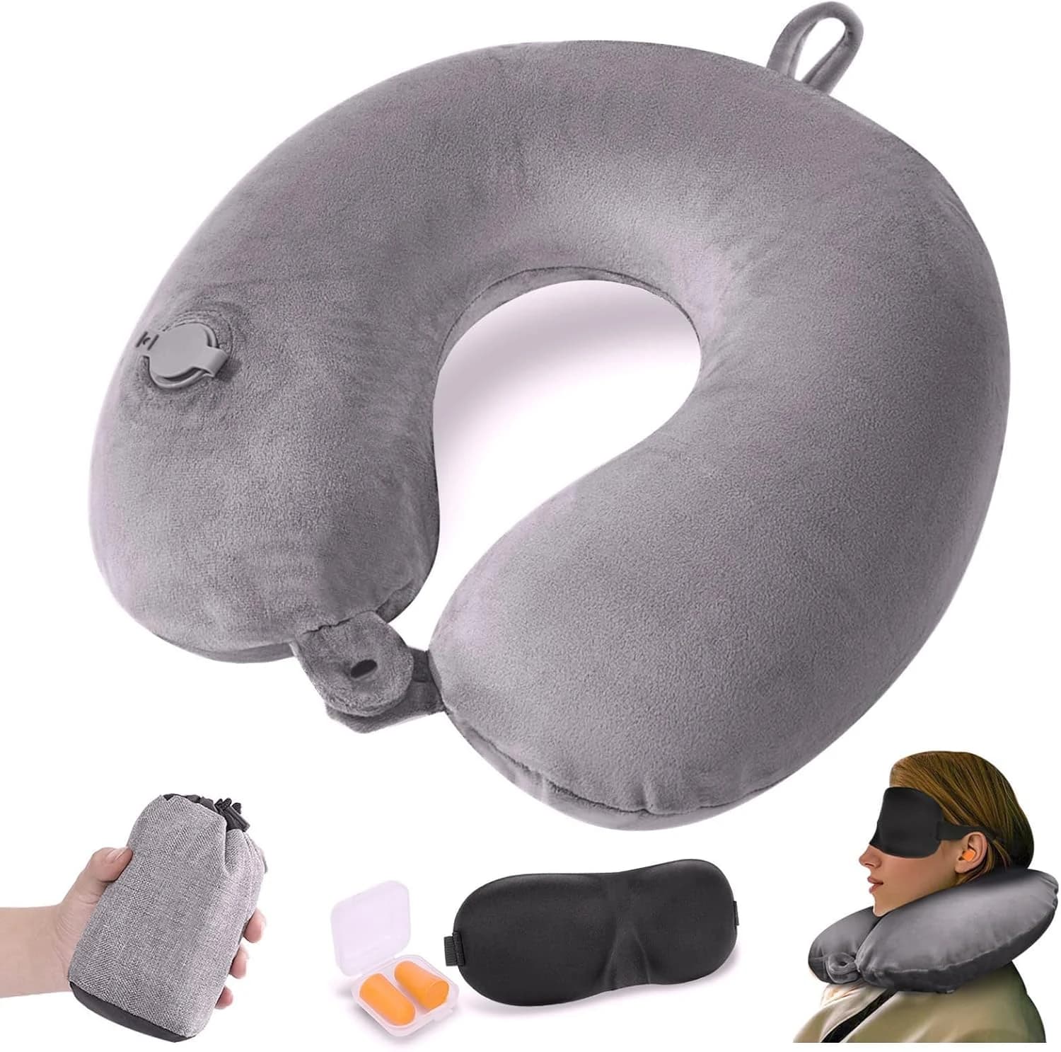 Almohada de Viaje Hinchable, Cojin Cuello Viaje Compacto con Máscara para Ojos y Tapones para los Oídos, Almohada Viaje Cuello Hinchable en Avión, Tren o Oficina, Gris