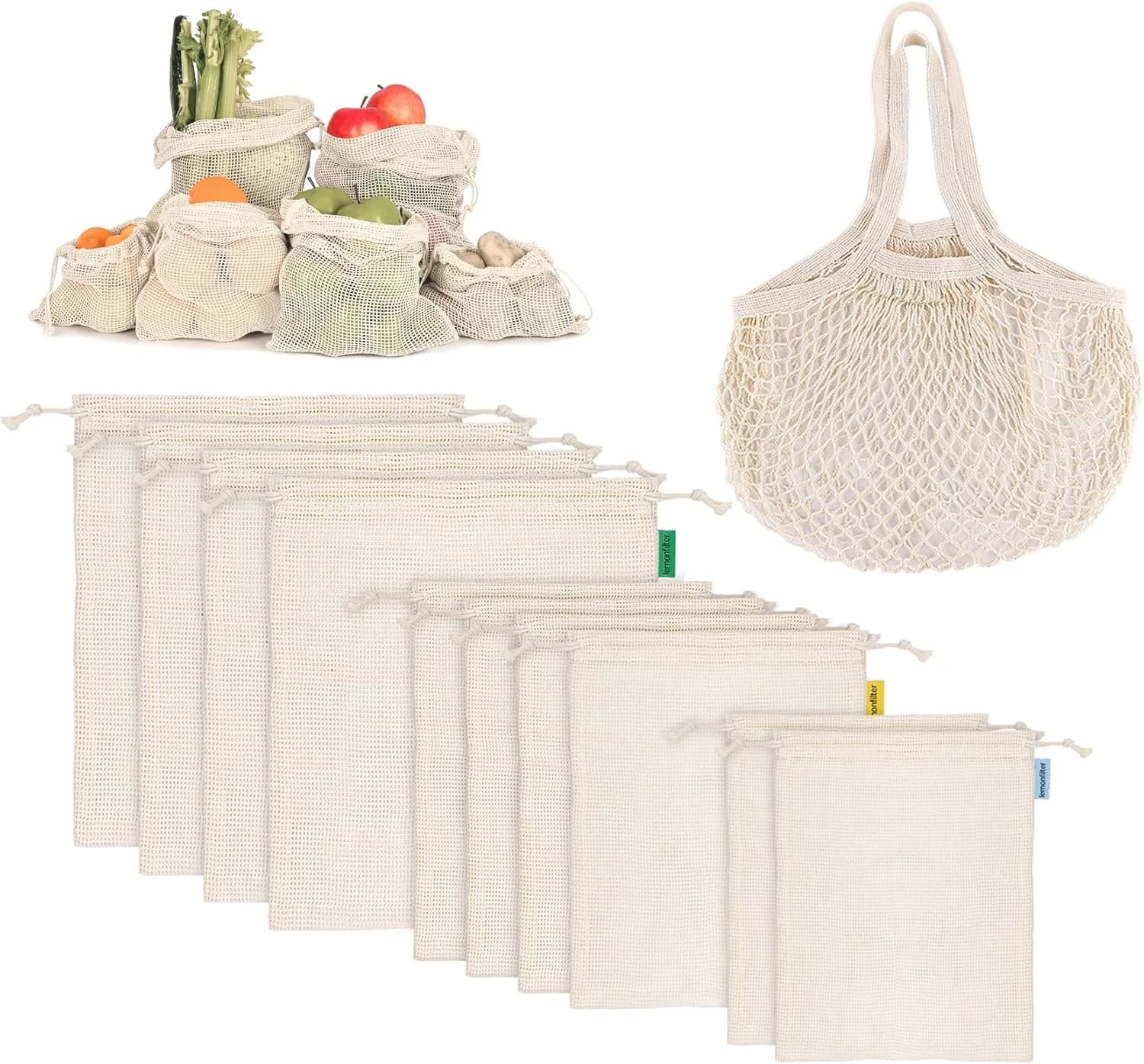 Anstore Juego de 11 Bolsas Reutilizables para Frutas y Verduras - Algodón, Sin Plástico, Redes de Compras, Bolsas de Pan