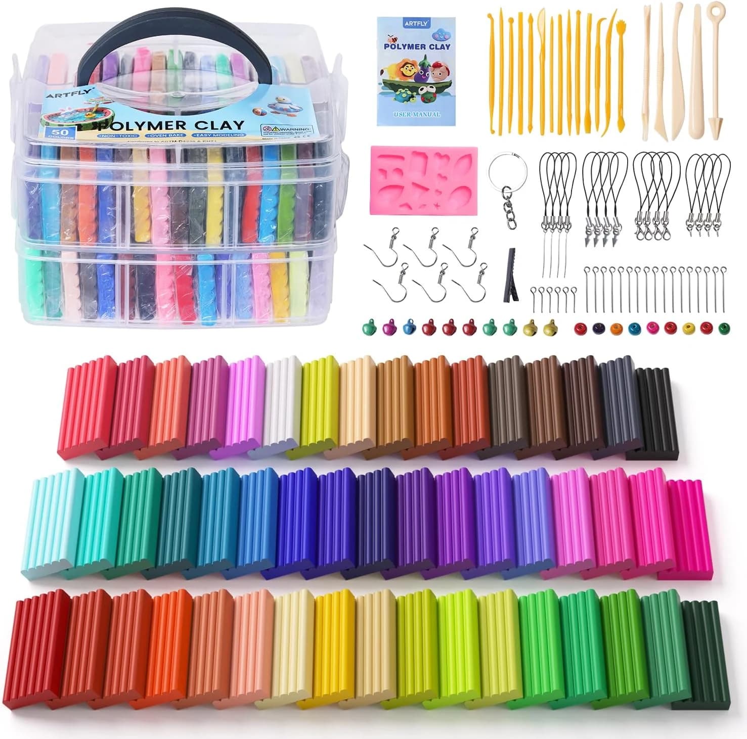 ARTFLY Arcilla Polimérica, Kit de 50 Colores, No Tóxica, Ideal para Niños y Adultos, Incluye Herramientas y Accesorios de Joyería, Hornear en el Horno
