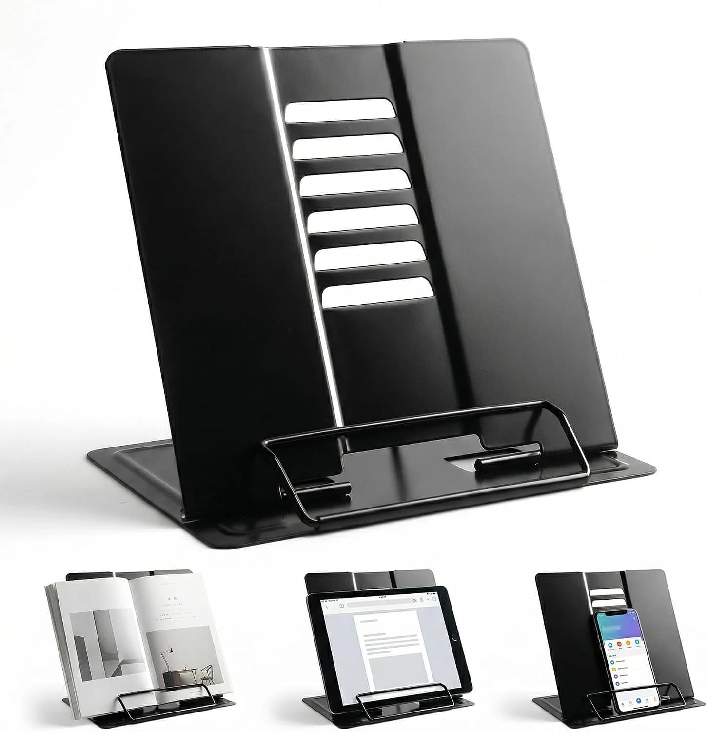 Atril para Libros de Metal Negro – Soporte para Libros Ajustable y Plegable, Atril de Lectura para Estudio, Cocina y Leer en la Cama, Sujeta Libros Multifuncional (negro)