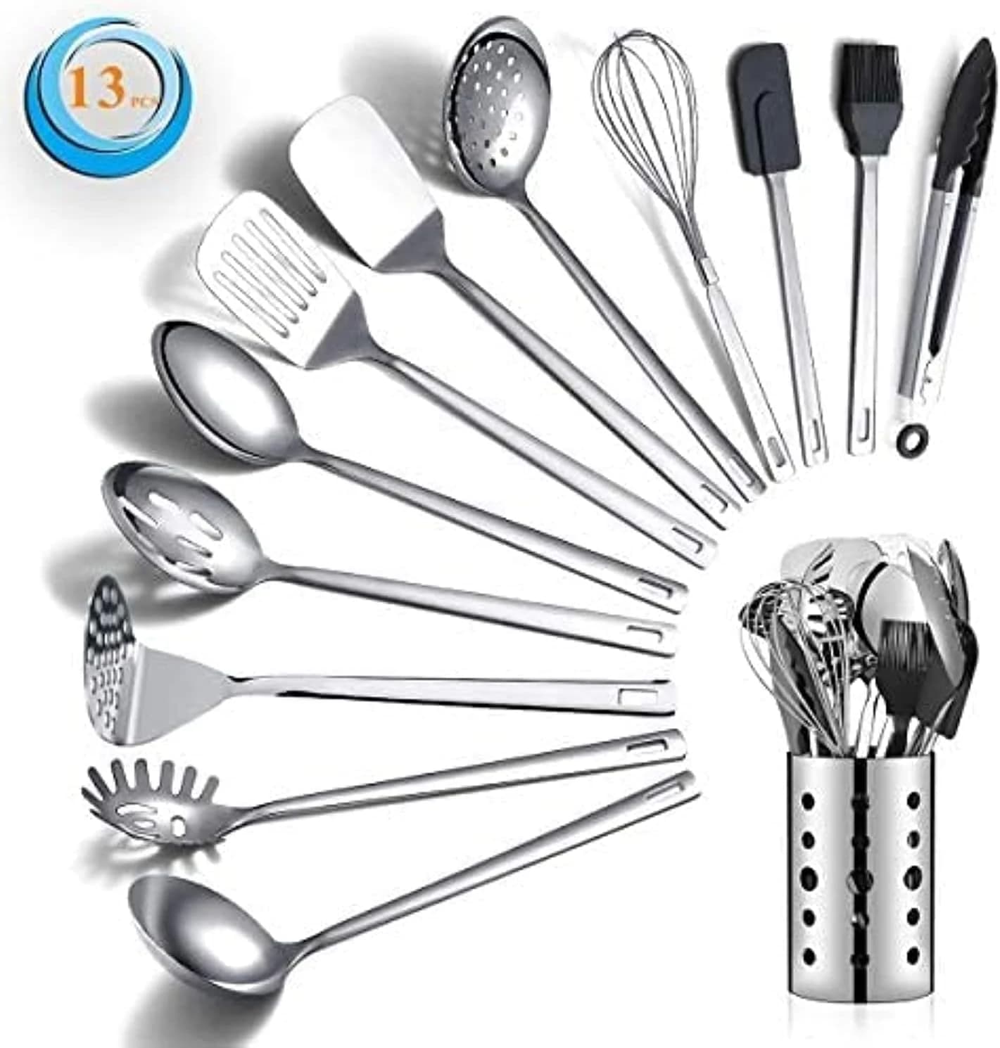 Berglander Juego de utensilios de cocina de acero inoxidable, 13 cucharas de cocina con soporte para utensilios, antiadherente y resistente al calor, apto para lavavajillas (13 paquetes)