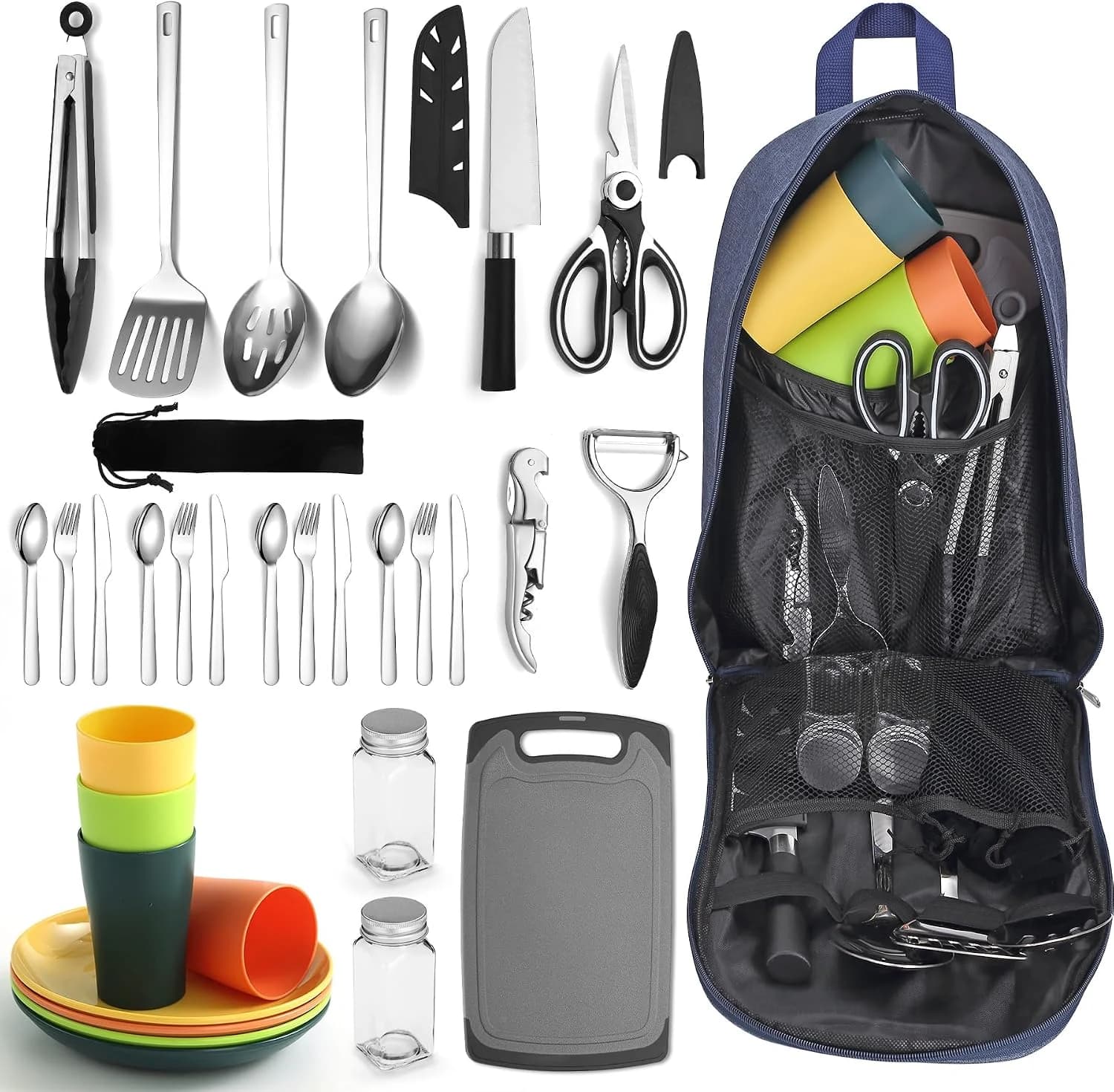 Berglander Juego de Utensilios de Cocina de Camping de 23 Piezas, Accesorios Esenciales para Camping, Equipo imprescindible para Caravana y Barbacoa, para Viajes, picnics, Camping, Barbacoa