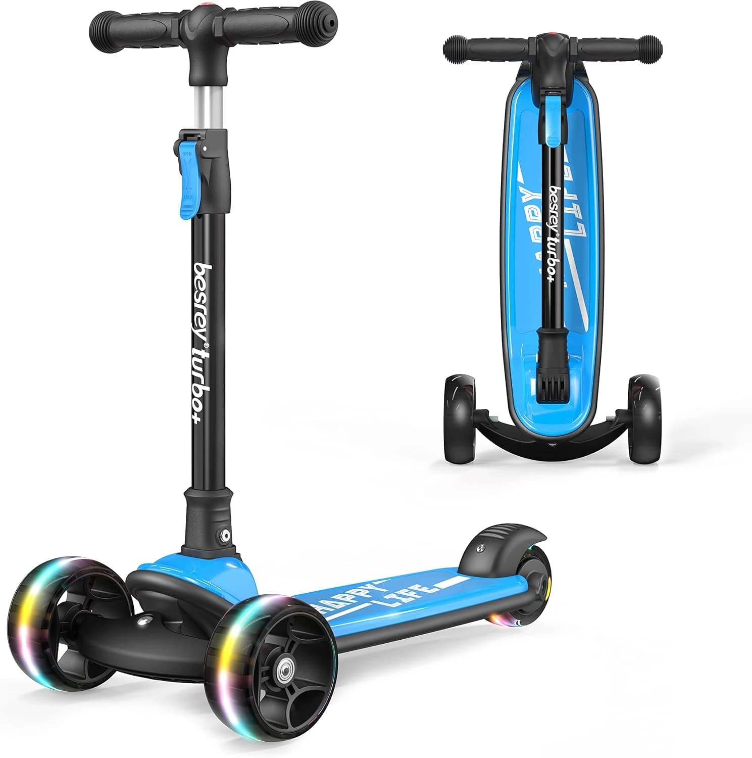 besrey Patinete para niños – Big Wheels Plegable con Luces LED Intermitentes para niños y niñas, 4 Niveles de Altura Ajustable, Tabla Ancha para niños de 2 a 8 años
