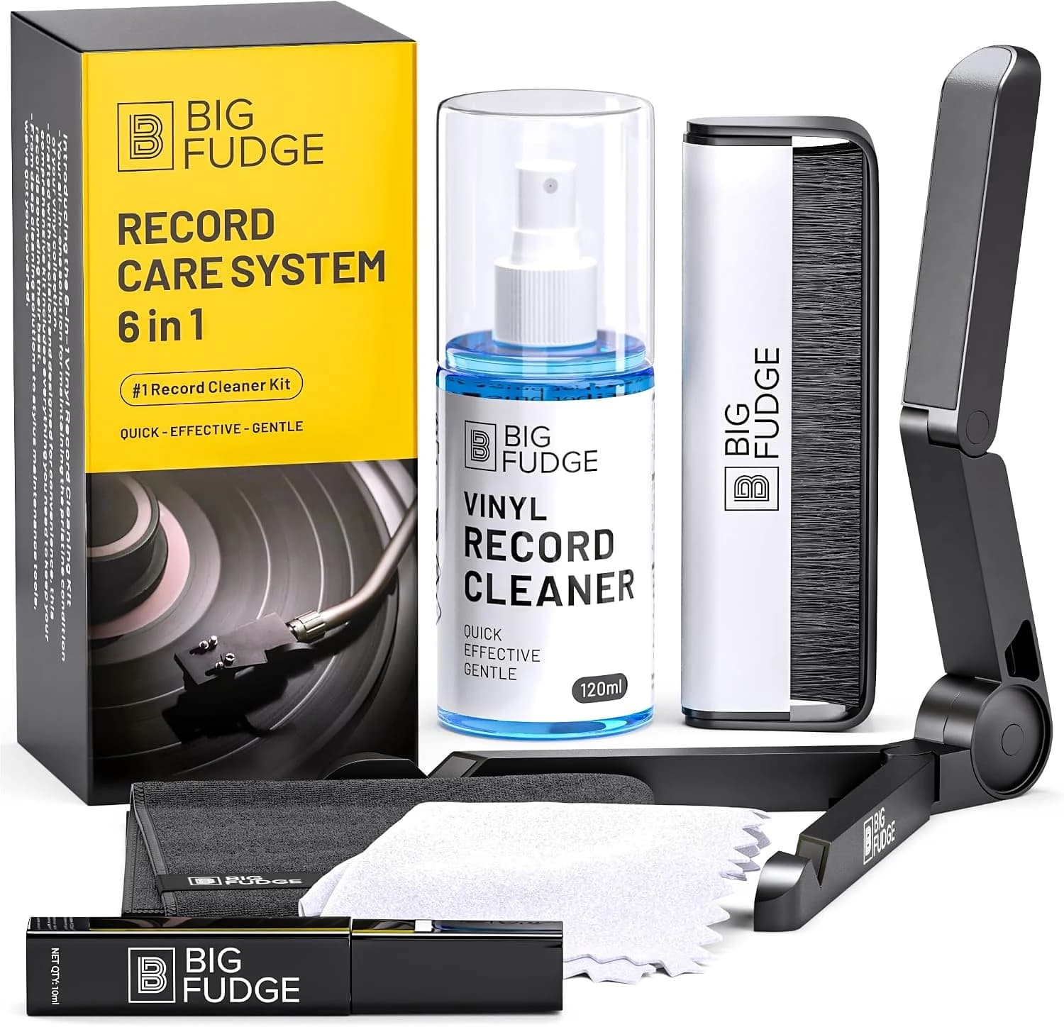 Big Fudge Kit Limpieza Vinilos 6en1 - Set Completo Limpiador Vinilos - Limpia Vinilos Polvo y Huellas - Cepillo Limpiar Vinilos Fibra de Carbono - Set Limpiador de Vinilos y Agujas