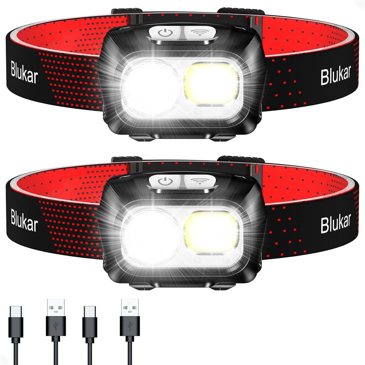 Blukar Linterna Frontal, 2uds Superbrillante Linterna Cabeza LED Recargable