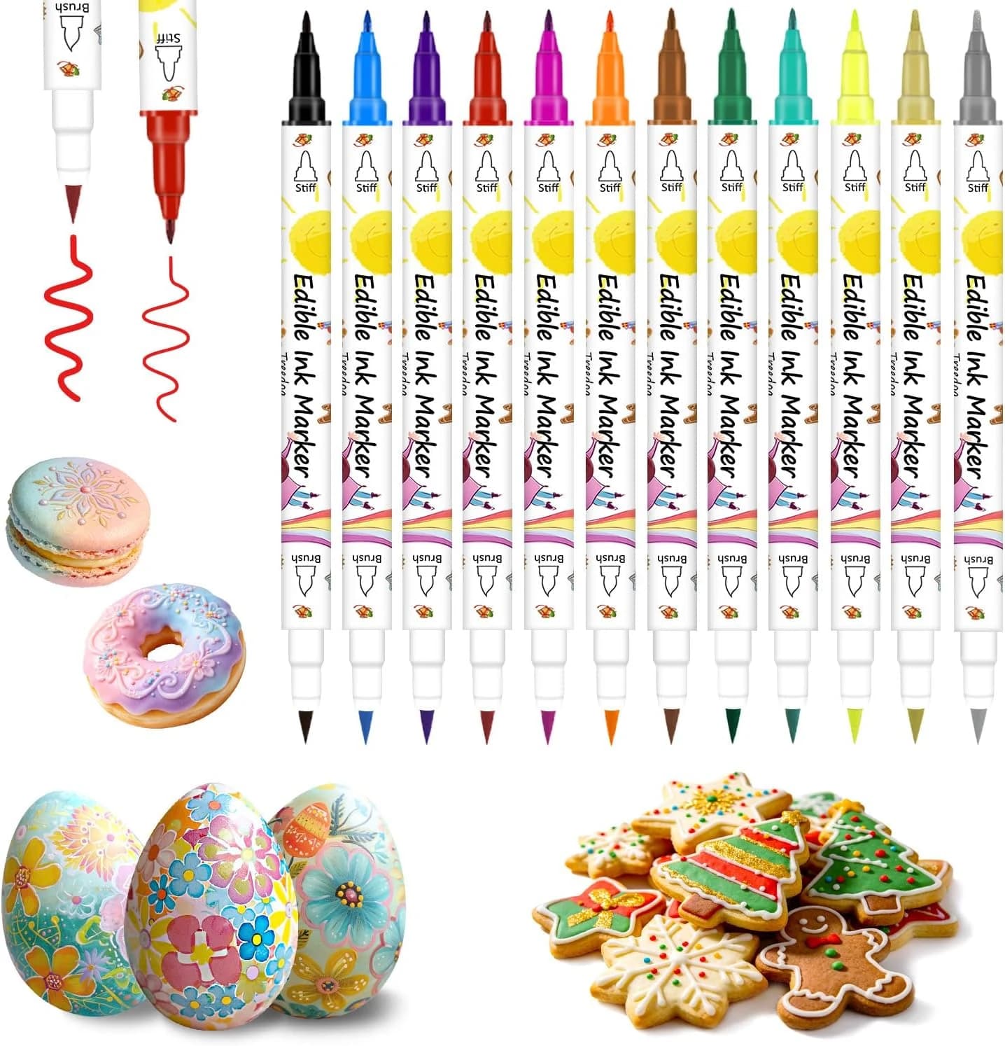 Bolígrafos de Marcador de Coloración de Alimentos, 12 Piezas de Grado Colorantes Alimentario Doble Cara Marcadores Comestibles para Decorar Pastel, Galletas, Fondante, Huevos de Pascua, Dibujo,Hornear