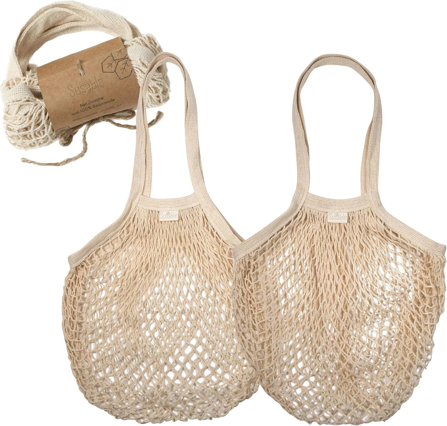 Bolsa de la compra de 2 piezas - Reutilizable, sin plástico, 100% algodón orgánico, bolsa de malla plegable con mango largo para almacenar frutas, verduras, mercado/compras de alimentos