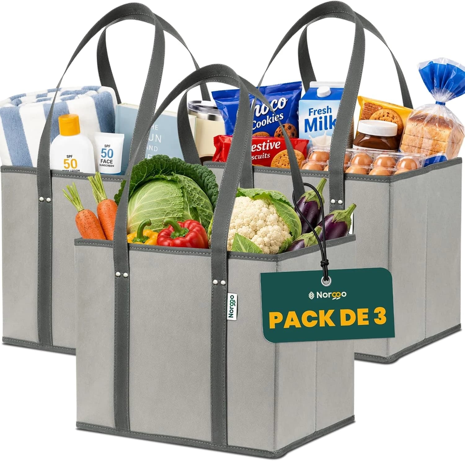 Bolsa Compra Plegable Reutilizable Grande con Base Rigida Pack 3
