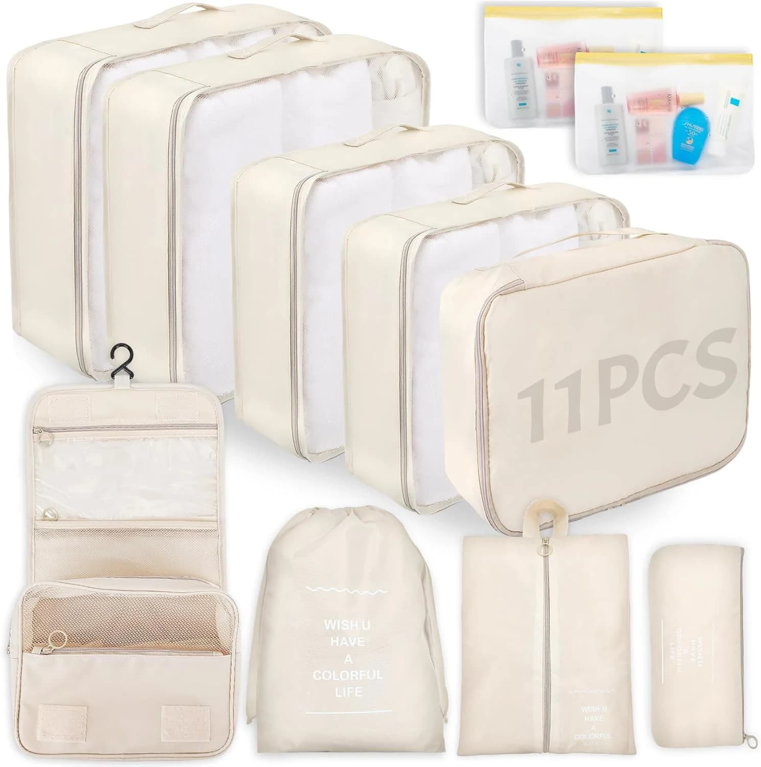 Bolsas Organizadoras Maleta, 11 Piezas Organizador de Equipaje Multifunción, Packing Cubes Bolsas Ropa Viaje, Organizadoras Viaje, Impermeable, juego con bolsa de cosméticos (Caqui)
