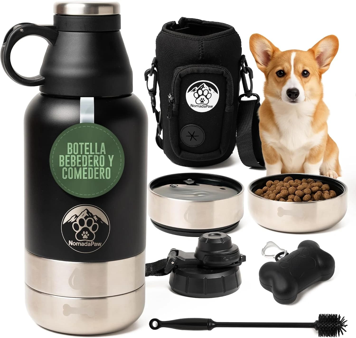 Botella de Agua para Perros 1L de Acero Inoxidable – Bebedero Portátil Térmico con Comedero y 2 Tapas – Incluye Funda Neopreno, Dispensador de Bolsas y Cepillo – Accesorio de Viaje 4 en 1| NomadaPaw®