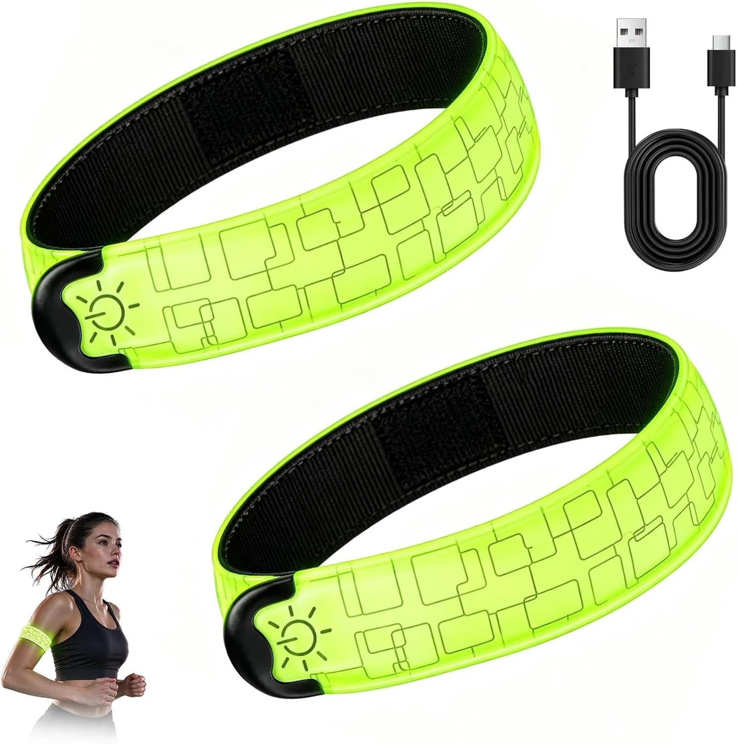 Brazaletes LED Recargables, 2 Piezas Brazaletes Reflectantes de Seguridad para Running Nocturno, Correr, Senderismo y Ciclismo