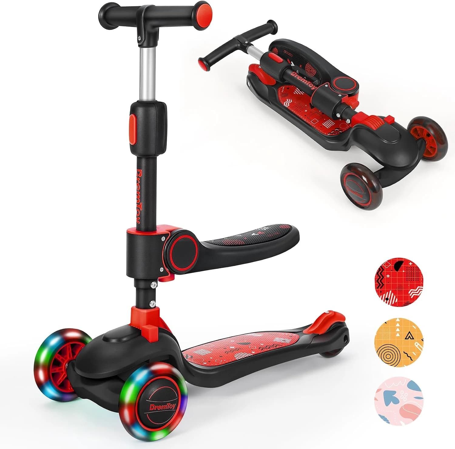 BremToy Patinete para Niños 2 Años con Asiento, Scooter 3 Ruedas LED Parpadeantes, Patinete Niños Plegable con Altura Ajustable de 2 a 8 años, Carga Máxima de 50 kg