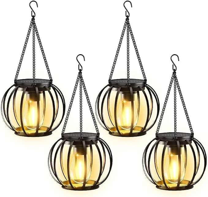 BUCASA Farolillos Solares Exterior Colgantes, 4 Piezas Luz Solar Exterior Jardin con Bombilla LED, Impermeable Metal Lampara Solar Exteriors para Césped Balcón Patio Jardín (Negro circular, 4)