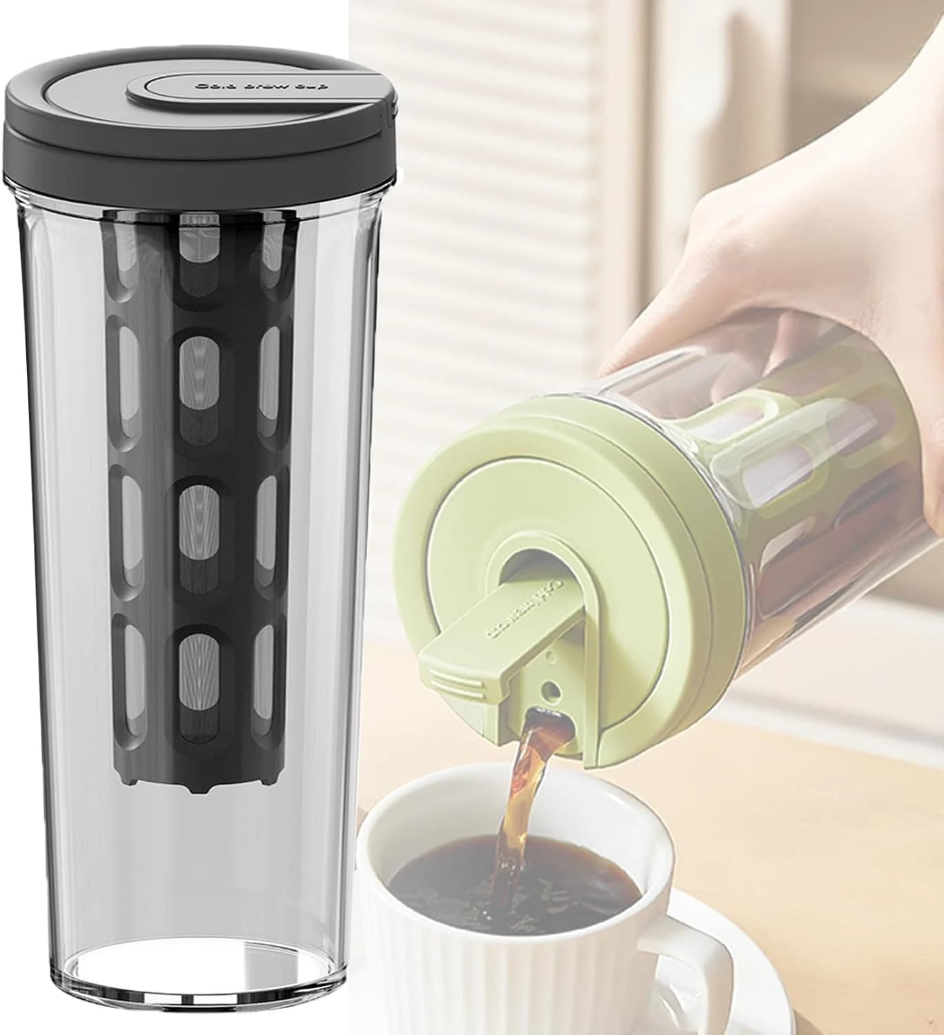 Cafetera fría y jarra de té helado, enfriador de bebidas, tetera de gran capacidad con filtro de malla de 1 L (35 onzas) (gris)