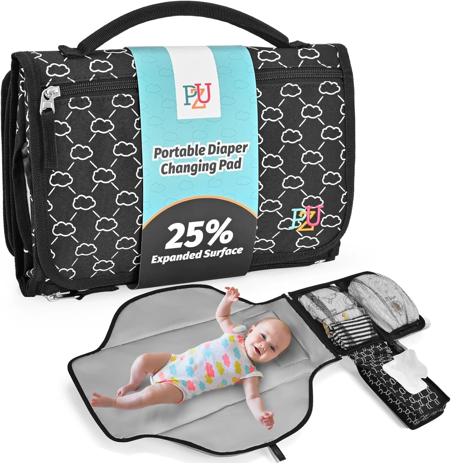 Cambiador portátil bebé - Cambiador viaje bebé con bolsillo para toallitas y cojín para la cabeza, impermeable, extraíble - Regalo ideal para recién nacido(Negro)