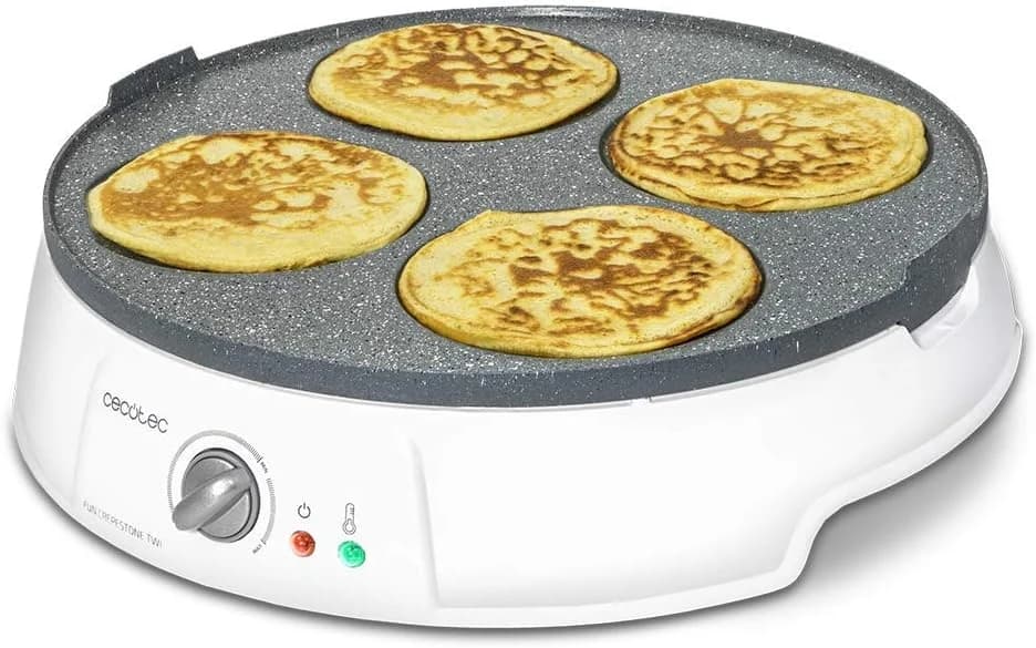 Cecotec Crepera Fun Crepestone Twin. 1200 W, Placa Reversible con Revestimiento Antiadherente RockStone, Termostato Regulable, Rodillo Esparcidor y Espátula Incluidos, 30,5 cm